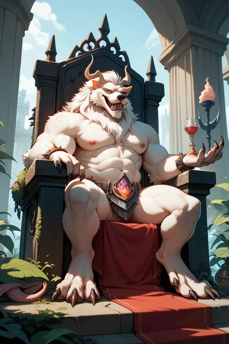 By Taran fiddler, one man, anthro, king, adult, mature male, middle-aged, canine, ????, brown fur, dilf, wrinkled face, grumpy, furrowed eyebrows, rugged, muscular, talking, arms crossed, naked, wearing jockstrap, sitting on a throne, extreme detail, muted lighting, dynamic pose, epic view, establishing shot.