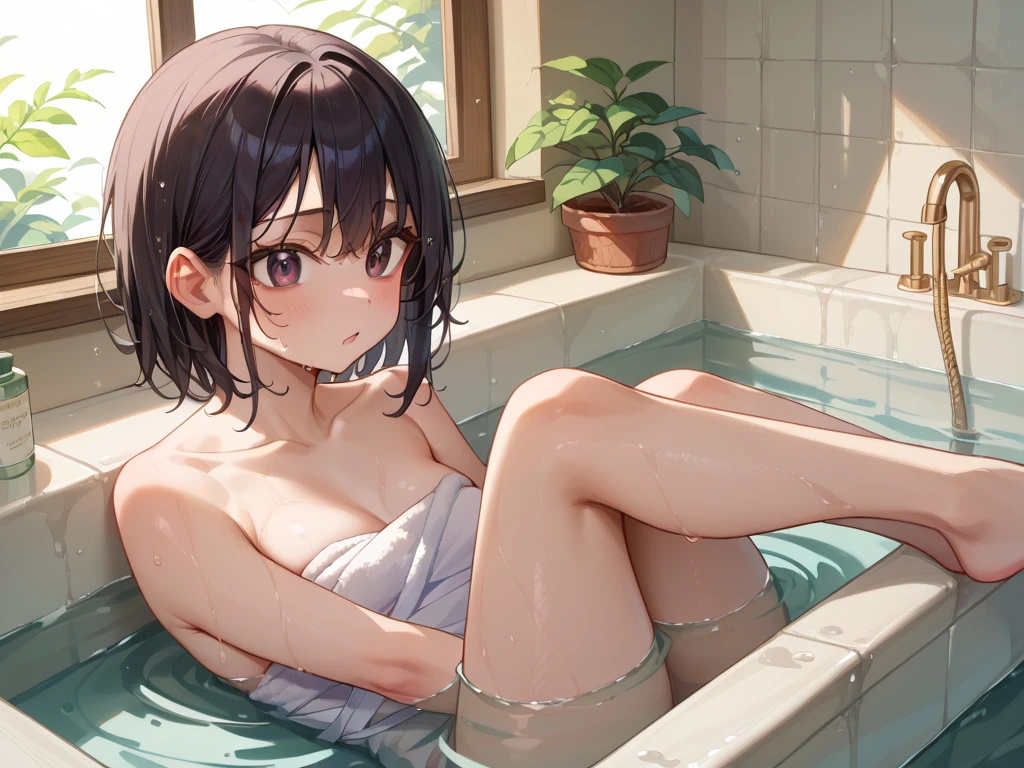 Miho Kohinata, black hair, Ahoge, short hair, white swimsuit, one piece swimsuit, black hair, Watery eye, Punishment, crying face, scream, in agony, Desperately struggling, Like a TV show, whole body, shame, Taking a bath,bathtub,hot water bath,steam, whole bodyが水槽の中, Bright red skin, Withstands the heat, Being boiled, Hot Water Commercial, The challenge of withstanding boiling water, Boiled in a pot, Wet and transparent