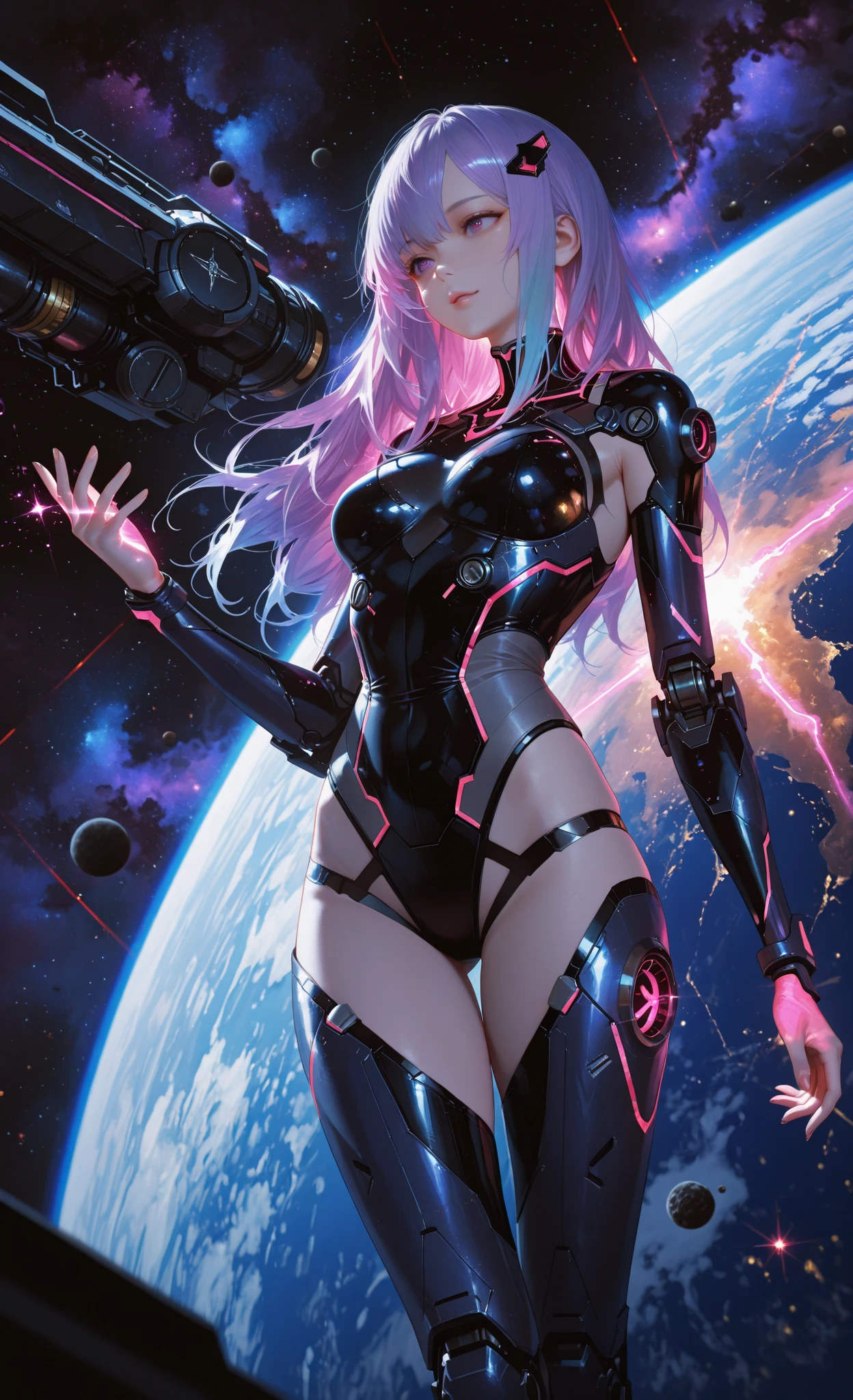 Luciwilde is a sexy cyborg with a entirely electric purple metallic body(obviously mechanical), metal helmet stylized as a fashion model hairdo (no hair visible), and a completely human face. She is flying through space propelled by jets in her feet. She has a guitar with a laser rifle built into it. Full body shot, show all of her, action pose with her weapon, best quality, extreme attention to detail, beautiful face
