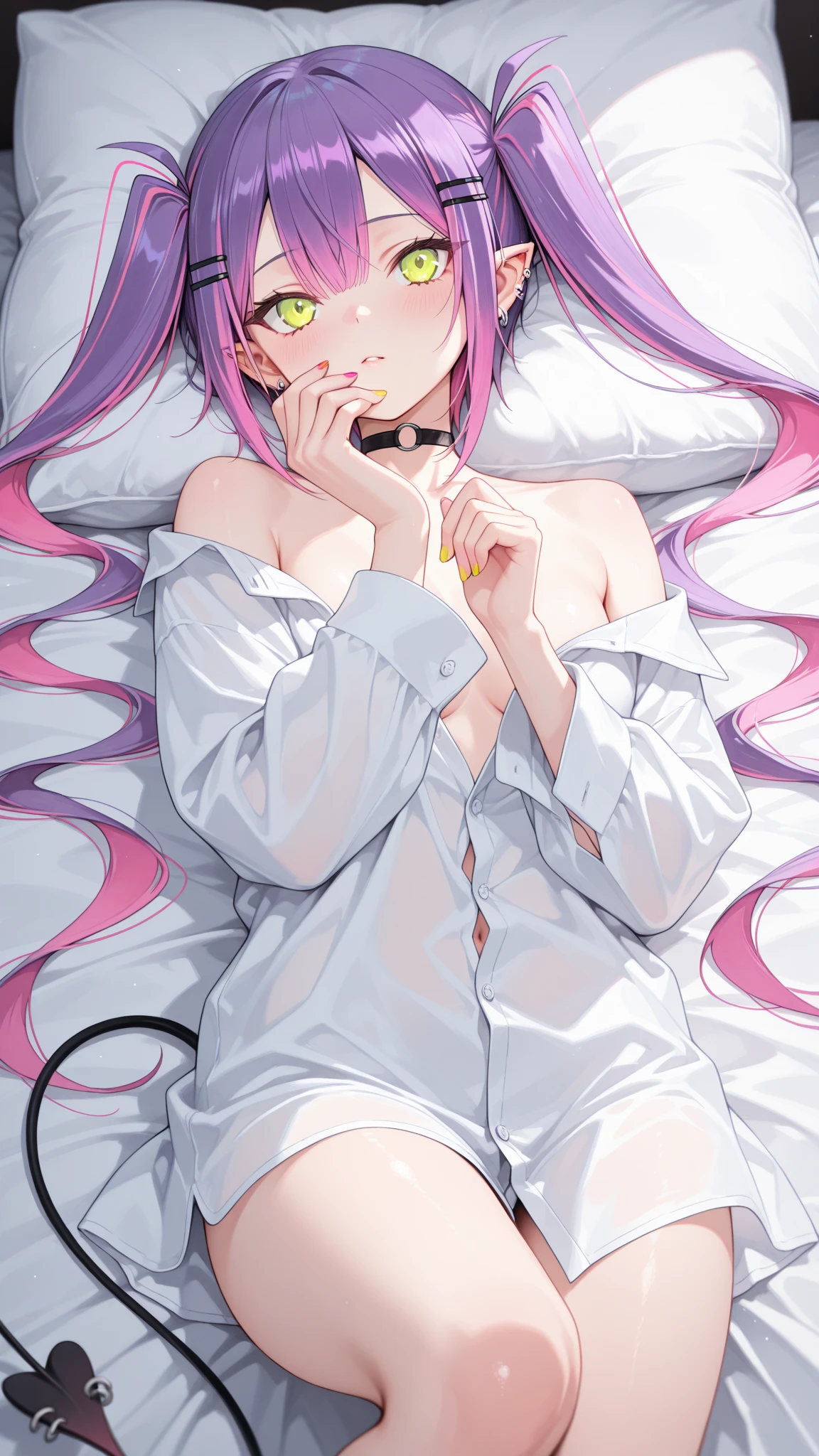 source_anime, score_9, score_8_up, score_7_up, long hair, dark purple hair, and large violet eyes, The character has a small fang, blushed face, on bed, simple background, petite body, japanese girl, detailed eyes, beautiful, 18 years old, kurtz, straight hair, cute face, exposing herself, pale skin, collar,( upside down:1.1), face focus, dramatic lighting, spotlight