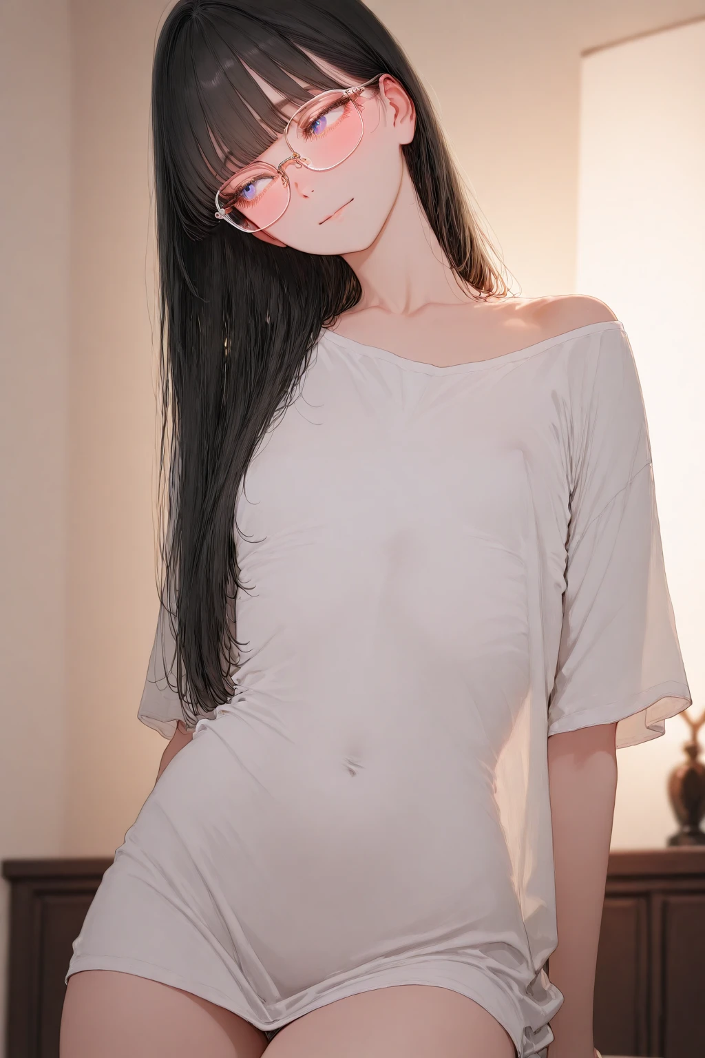 Erotic、Bedroom、Completely naked、slender、Smooth, very beautiful, white skin　A girl about 10 years old、Glasses、Black Hair、Sweat、Expressionless、Show me your　child　Small　Big eyes　Small breasts　Look this way