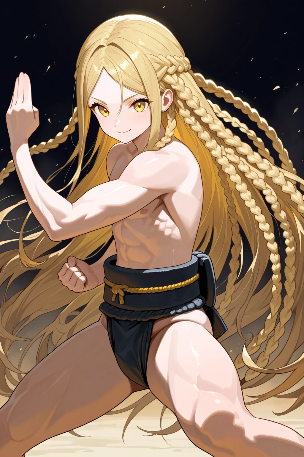 Super detailed、highest quality、Best image quality、masterpiece、8K、Anime Face、A kind smile、Open Mouth、Sparkling Blue Eyes、(Long blonde wavy hair:1.5)、Heavy bangs、Wearing a maid headband、(SFW huge body)、(((Rear view)))、Cowboy Shot、(Wearing a white thong:1.3)、Muscles of the whole body、Kneel、(Place your hands on your hips:1.2)