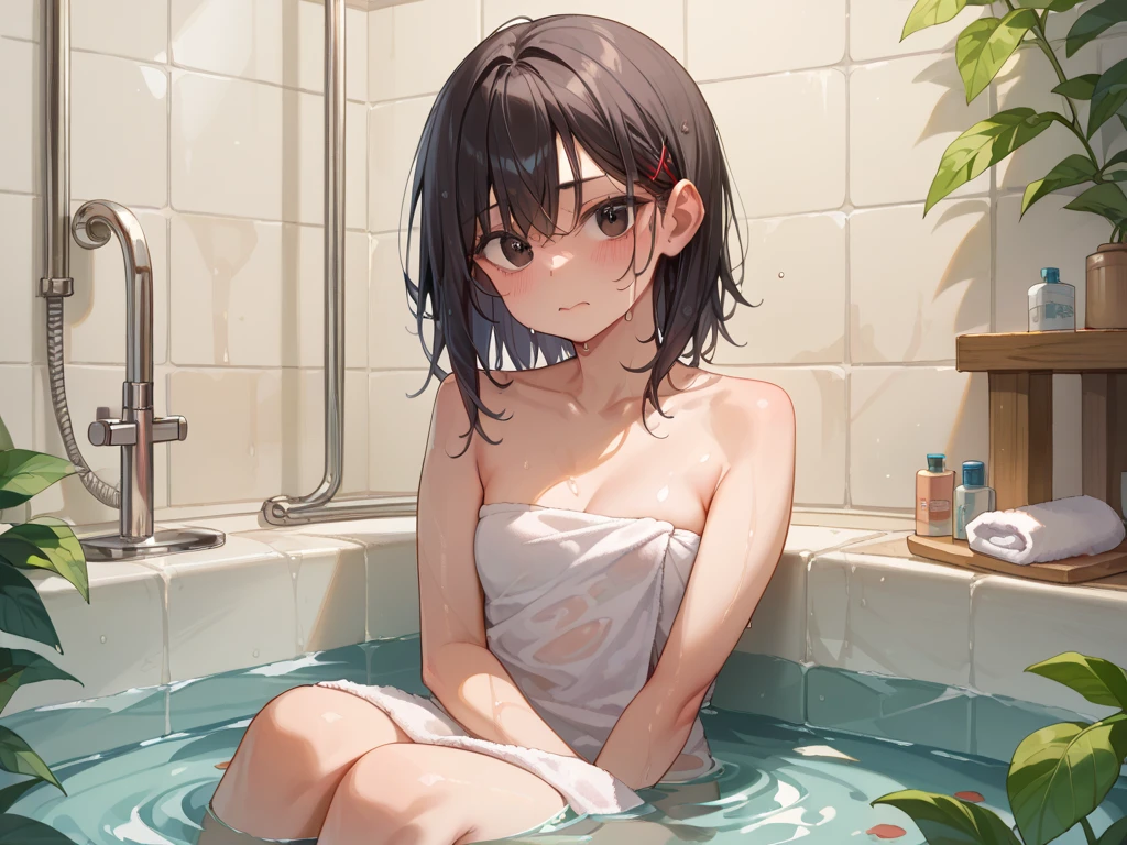 elementary student、Lori、flat chest、Outside the large bathroom、Water wetting、Thick steam、Wrap a bath towel around your body、Seiza、NSFW、A smile、Dye cheeks、closing eye