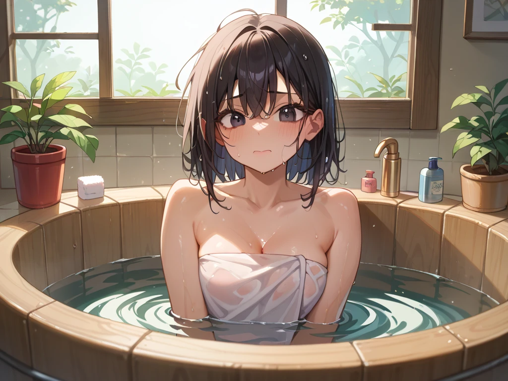 NSFW, Oil Painting, masutepiece, Full Front Portrait, Super lascivious beautiful girl, Soak in the hot springs, Dynamic Pose, Old-fashioned onsen inn, Hide your body with one towel, Dreamy haze of fog, The images are realistic and ultra-high definition, Shoot with manual focus showing intricate details