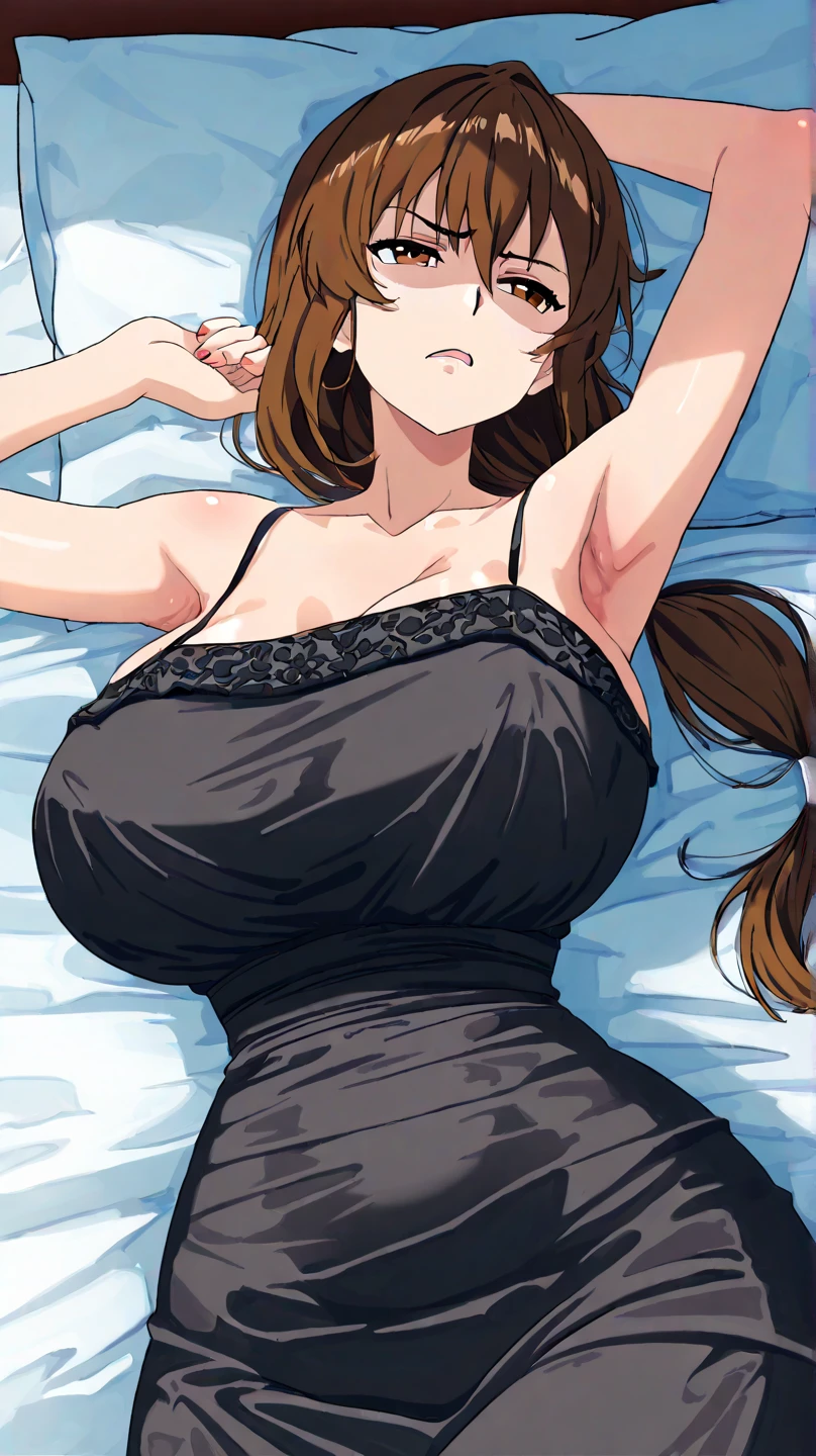 1 girl, long brown hair, very big breasts, very sexy body, smiling, wearing a black dress that show off her cleavage