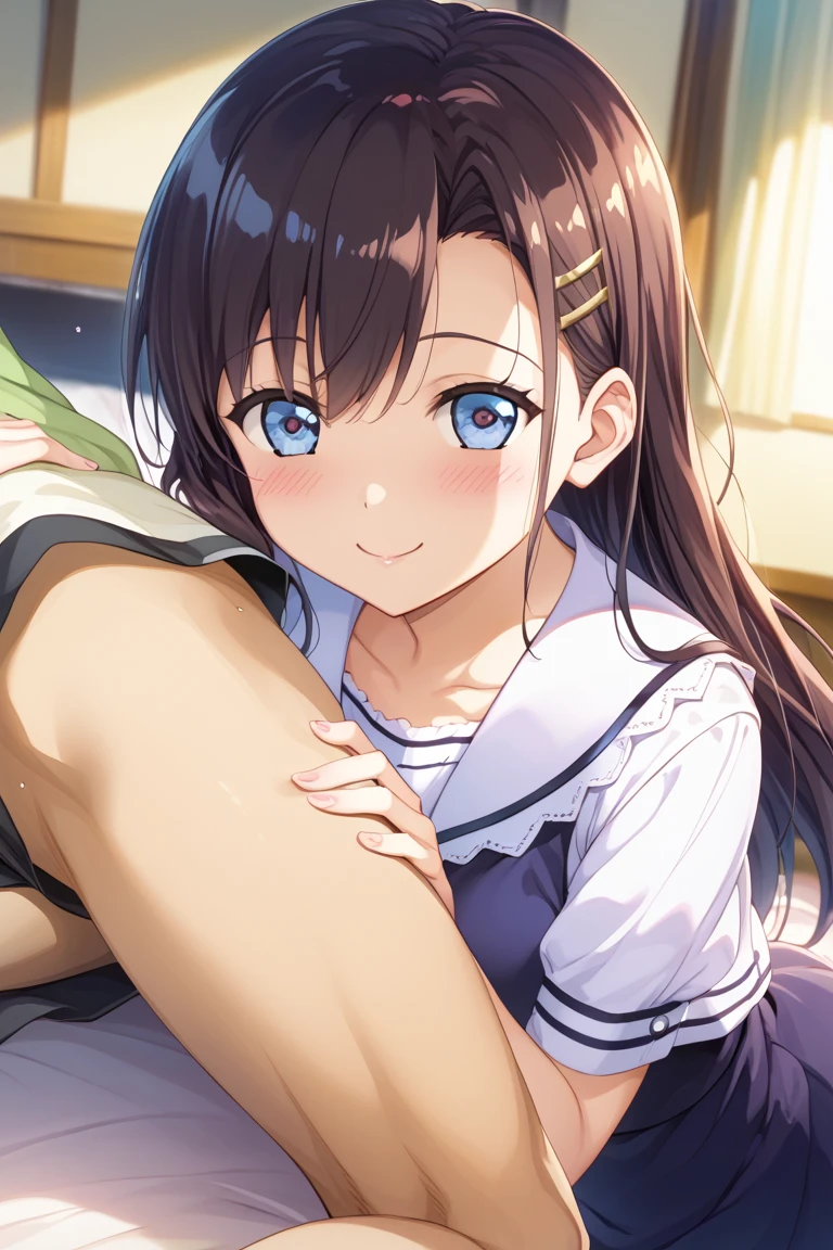 a young boy is sitting down on the very edge of the bed. his penis is very small. chie sayama brown hair, yellow eyes, hair ornament, hairclip. chie sayama is kneeling on the floor in front of him, chie sayama is giving him a sexy sensual deepthroat blowjob. his penis is fully inside her mouth and can barely be seen. chie sayama is sucking the full length of the penis not just the tip of it. side-angle. mans penis is very small. abnormally small penis. penis is very short and small.