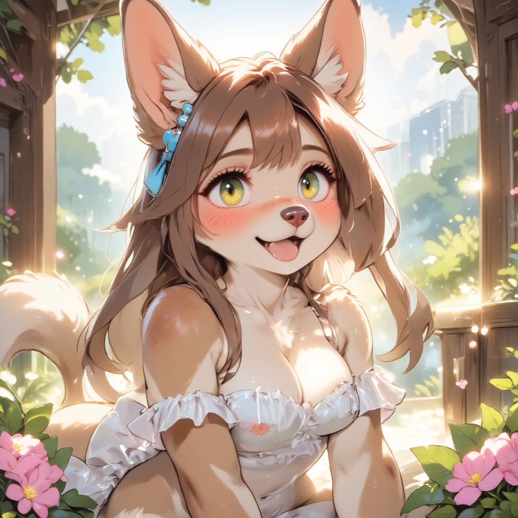 :3 smile, masterpiece, best quality, solo,medium breasts, rabbit, furry, fur, (detailed eyes:0.9), (detailed lighting, depth of field:0.9), tank top, short, outside, yard, solo, <lora:LopSW_G4:0.7>, neckline, sexy legs,belly button, ((lop_outfit))