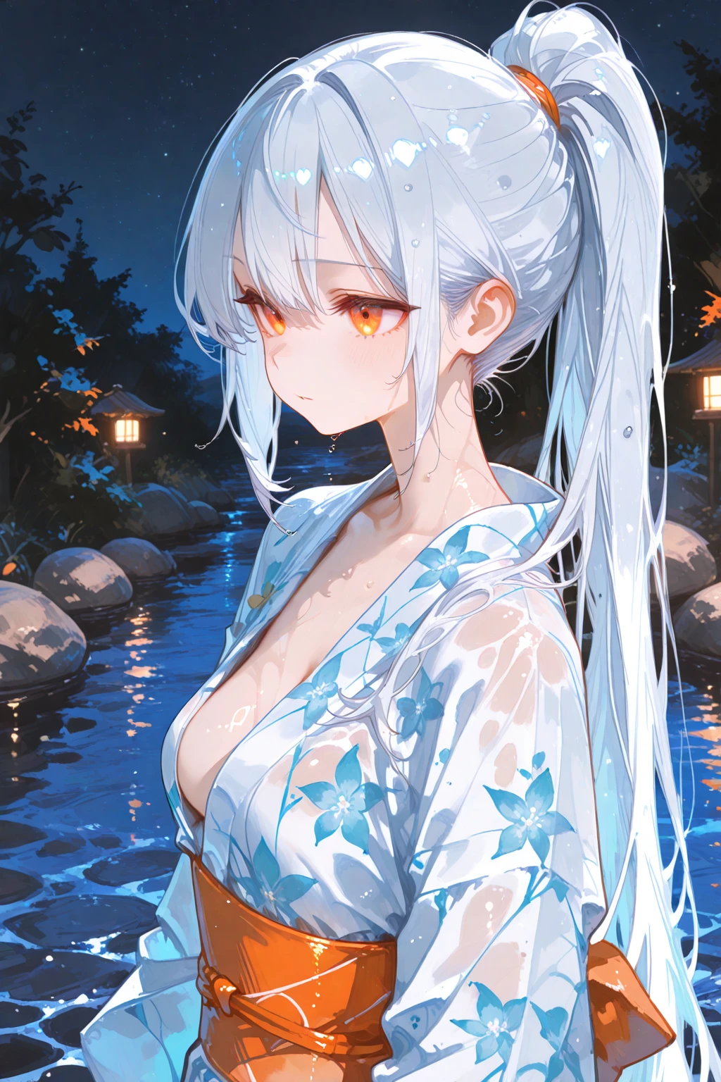 High resolution、Highest quality、4K、Long white hair、Tattoos on the face、Slanted Eyes、Purple lipstick、Glowing yellow eyes、A girl with nine fox tails、Big white fox ears、Big Breasts、Soak in a hot spring、Full moon night、Drinking sake from a sake cup、Cherry blossom petals fluttering、Hair blowing in the wind、Cleavage、裸で胸までSoak in a hot spring、One towel for the upper body