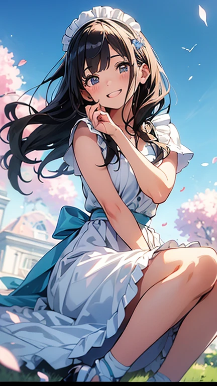 Nsfw、No clothes、(girl:1.5),race,ribbon,(masterpiece, side light, Beautiful detailed gray eyes: 1.2), Medium chest, realistic, shining eyes,shiny hair,black hair,long long hair, Glossy skin, alone, embarrassing,exquisite,beautifully,garden,flowers,flying petals, barefoot, Cherry Blossom, cinematic light, cinematic composition, rich expression、smile