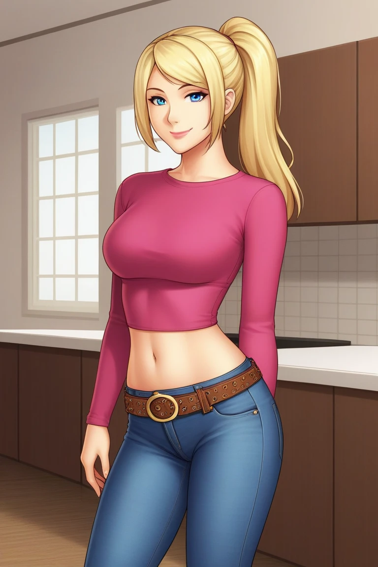 A woman with light blonde hair, with a visible eye that appears to be light blue in color. Her skin appears clear and she displays a slight smile., with a dimple on the cheek. Her face shows well-defined eyebrows and seemingly smooth skin.. She's wearing a gray blouse, with some blue drawings. she is a an shape as muscle abs . No estilo Disney Pixar bigger-boobs  sexy clothes . a girl with full yellow blonde hair, with a visible eye that appears to be light bluein color. Her skin appears clear and she displays a slight smile., with a dimple on the cheek.  ((((topless nude with open shirt show nipples))) ((( hair trim as V on pussy)))
