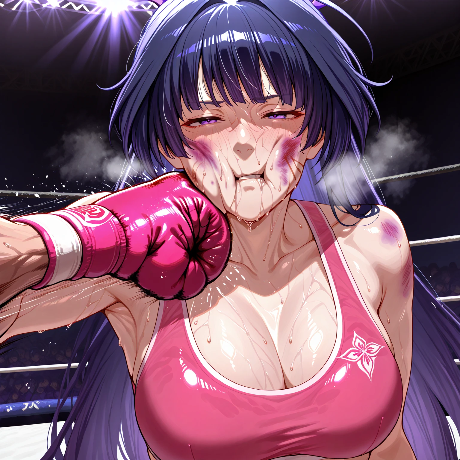 Beautiful woman、 ((Open Finger Gloves, Five Fingers)), (((Women&#39;s Mixed Martial Arts, Martial Arts)))、Fighter、Professional wrestler、Brown Skin、Rin々Funny face、Fighting Pose、One Woman、Pro Wrestling Love