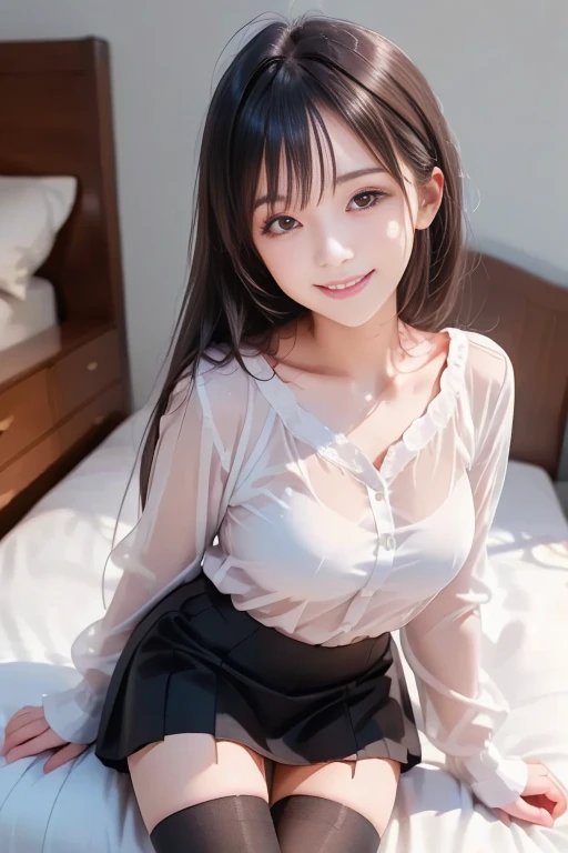 (Highest quality: 1.3), (masterpiece: 1.3),8K,Cinematic lighting,Official Art,One Young Woman, 14 years old, (face that looks very young)、blush、double eyelid、Fine grain、Glossy lips、Long brown hair, Open blouse,Short sleeve,Pleated skirt,(Ultra Mini Skirt:1.5), sitting at a desk in the classroom, (smile),(Slim body:1.2)、(Thin arms:1.2)、Large Breasts、(Cleavage:1.3)、White lace bra visible,Pink nipples、White lace panties are visible、(Spreading her legs:1.4)、(Floated skirt)、