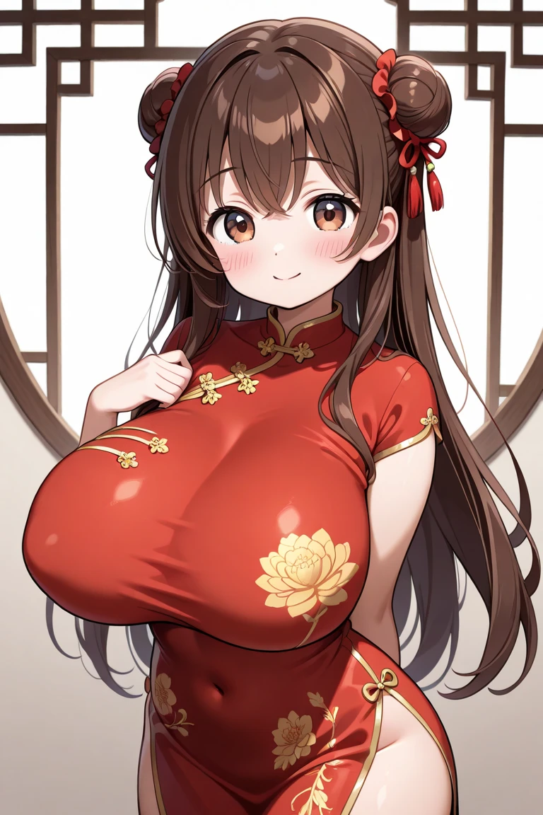 masterpiece, Best Quality, Oceanfront, banquet, 1 woman, mature woman, elegant, Chinese style, Ancient China, Sister, Royal Sister, happy, meatball head, Light brown hair, pink eyes, Beautiful hats, light pink lips, pink clothes, Hi how are you, intellectual, full bangs, flat bangs, flower ball, delicate face,collected. Big huge breasts.