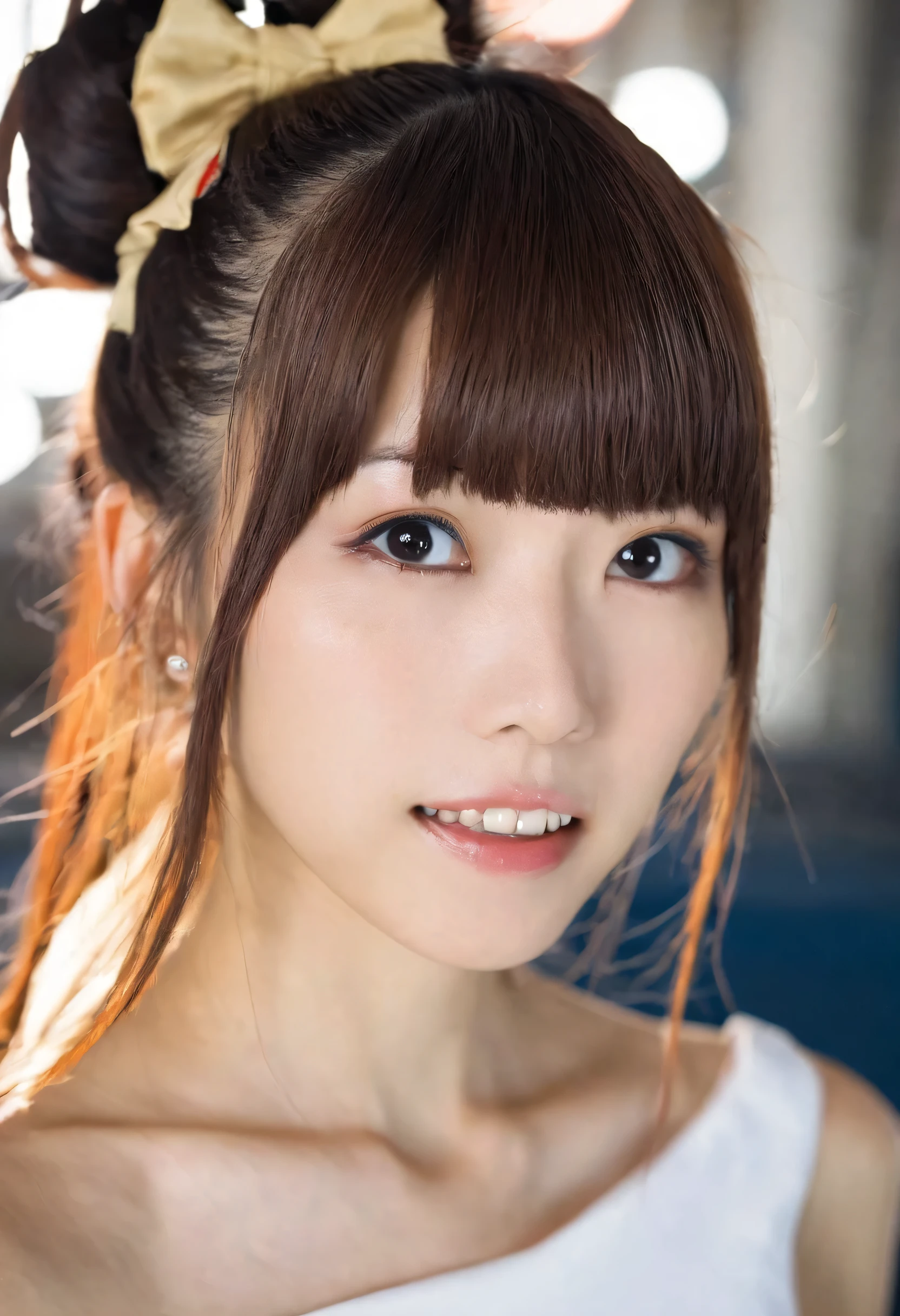 white one peace, flared skirt, a japanese girl named artgravia,She has her hair tied up, solo, looking at viewer, brown hair, long hair, lips, teeth, nose, bangs, upper teeth only, bare shoulders,depth of field,bokeh, asuka saito