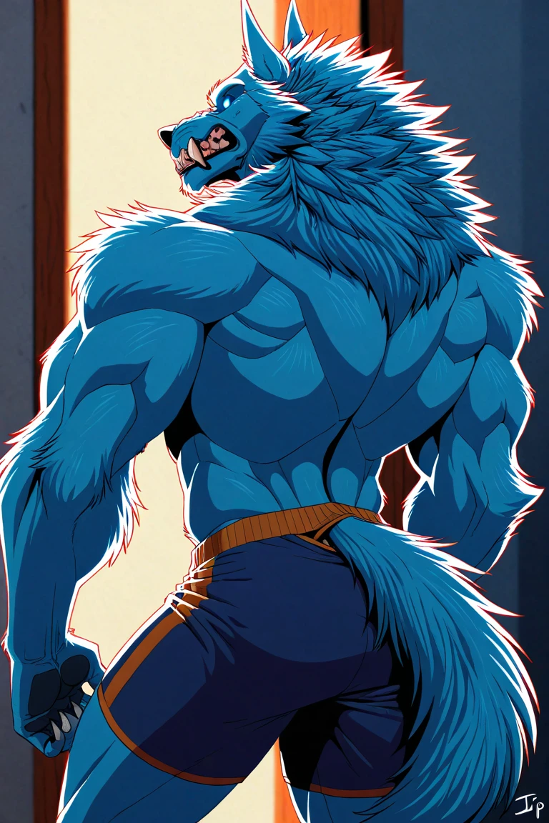 Garurumon, 4k, high resolution, best quality, detailed, posted on e621, solo, anthro body, older male, masculine, male, very masculine, (very muscular, defined muscles, heavyweight):1.2, (plain background, explosive background:1.1), correct anatomy, (orange eyes, detailed eyes:1.1), sexy, (cel shaded, cartoony shading, strong shadows, dramatic lighting):1.3, confident, (by wfa, by takemoto arashi, by meesh, by Taran Fiddler), strong, (half body, upper body, close up:1.1), open mouth, front view, arms behind head, hands behind head, leather underwear, belt
