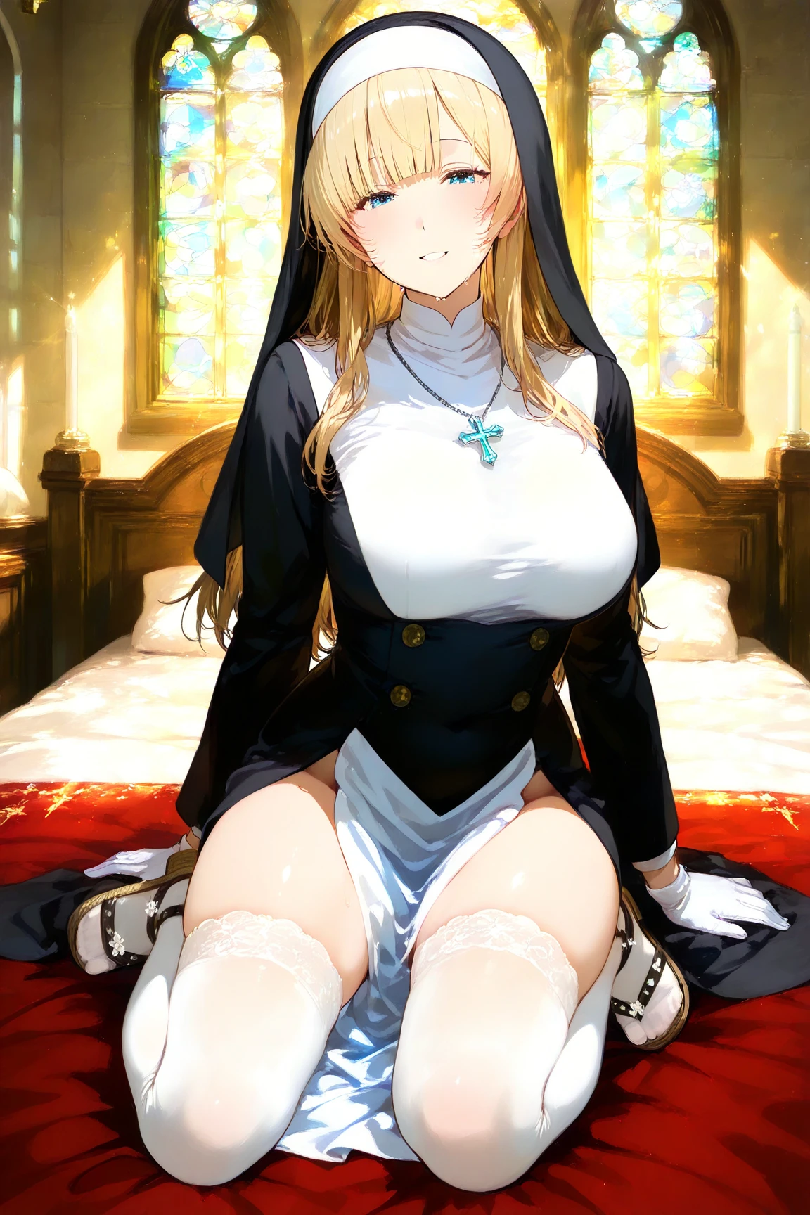 ((a boy grabbing another's breast))((Wearing a skirt))最高masterpiece、8k、4K、Anatomically correct face、Anatomically correct eye、Round eyes、Correctly shaped eyes、Beautiful eyes、Sister Style、clergyman、Priestess、Priestess、Long skirt、Realistic breast size、、hair(semi-long)、Removed sleeve、、hairの色(blonde)、Red cheeks、Frowning、Embarrassing、、Blue and white outfit、Clothing color((White and blue))、topless、Breast milk、Genital massage by hand、Black knee socks、White long boots、Ribbon on chest、limbsを綺麗に描く、limbs(masterpiece)、Body image(masterpiece)、Sweaty、Great breasts、church、Sacred Places、Sanctuary、Sacred Places、A sense of guilt、Spread your legs、Sitting on the pulpit、ticklish、Panty shot、Touching the genitals、For show、Being humiliated、Pay attention to your body balance、最高masterpieceの体、Anatomically correct body、nipple slip from bra、grabbing from behind、Character portrait、Expression - Embarrassed、blush、Tears come to my eyes、looking at the camera、Massage、