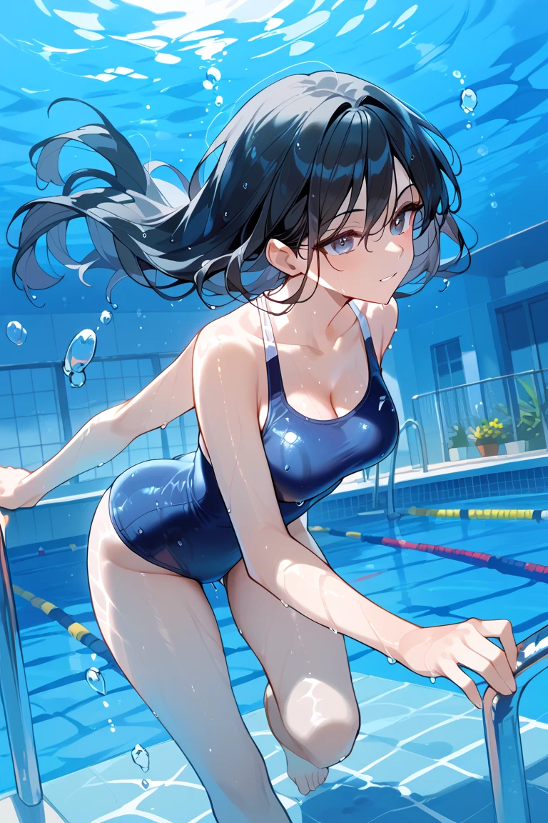 1girl, shy girl, brown eyes, black hair,
blunt bungs, hair ribbon, ponytail,
blue competition swimsuit, one-piece swimsuit, (small breasts),
large school swimming pool, blue sky, landscape,
swimming, partially submerged, partially underwater shot,
wet, wet hair, wince, close-up to face