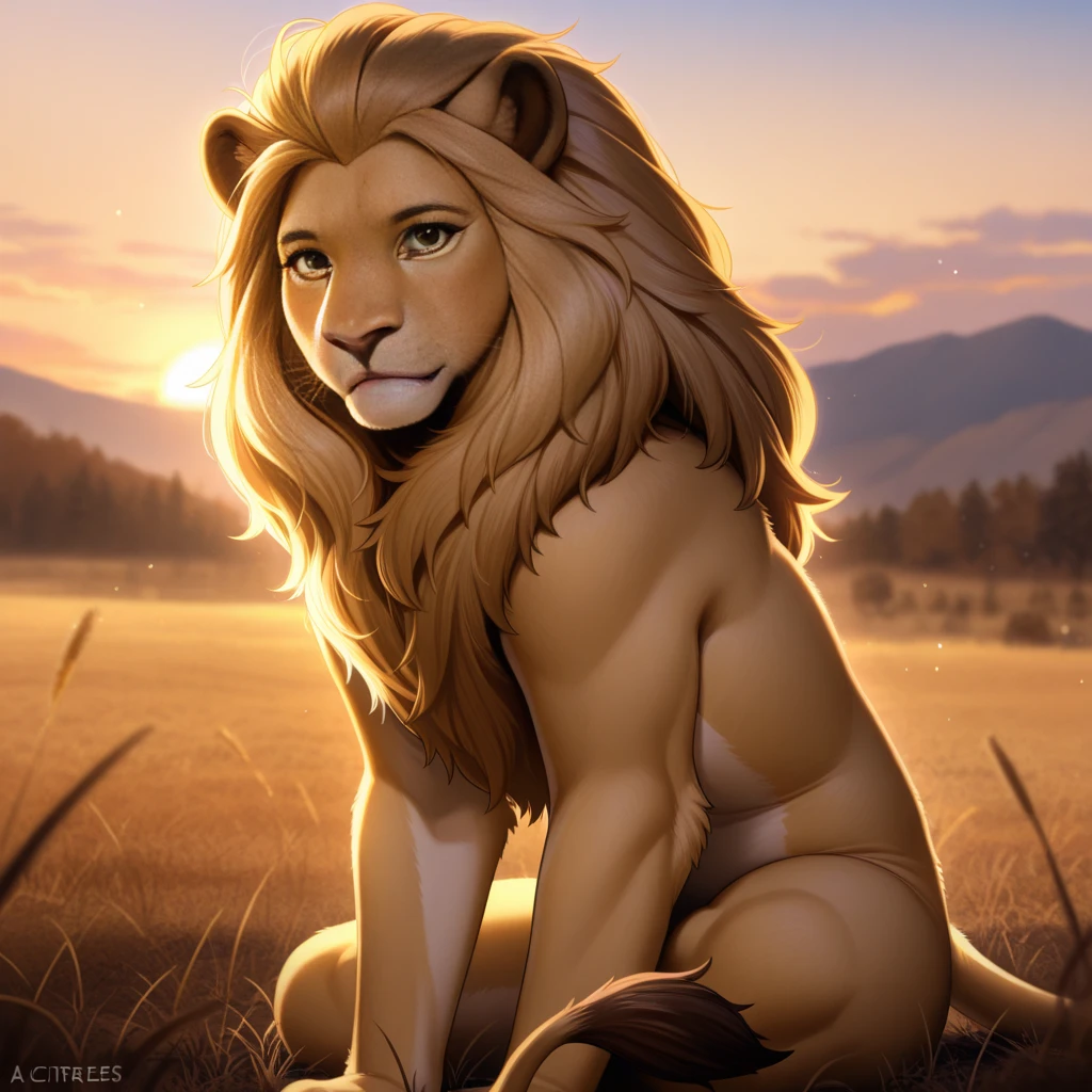 a male lion with a long flowing blonde mane, long and thick fur, beautiful detailed eyes, massive and obese body, big belly, fat belly, muscular arm, muscular pectorals, in a garden, , portrait, big smile, paw in front of the face to hide the eyes from the sun, (best quality,8k,highres,masterpiece:1.2),ultra-detailed,(realistic,photorealistic,photo-realistic:1.37),HDR,UHD,studio lighting,ultra-fine painting,sharp focus,physically-based rendering,extreme detail description,professional,vivid colors,bokeh,cinematic,extremely detailed eyes and face, correct 