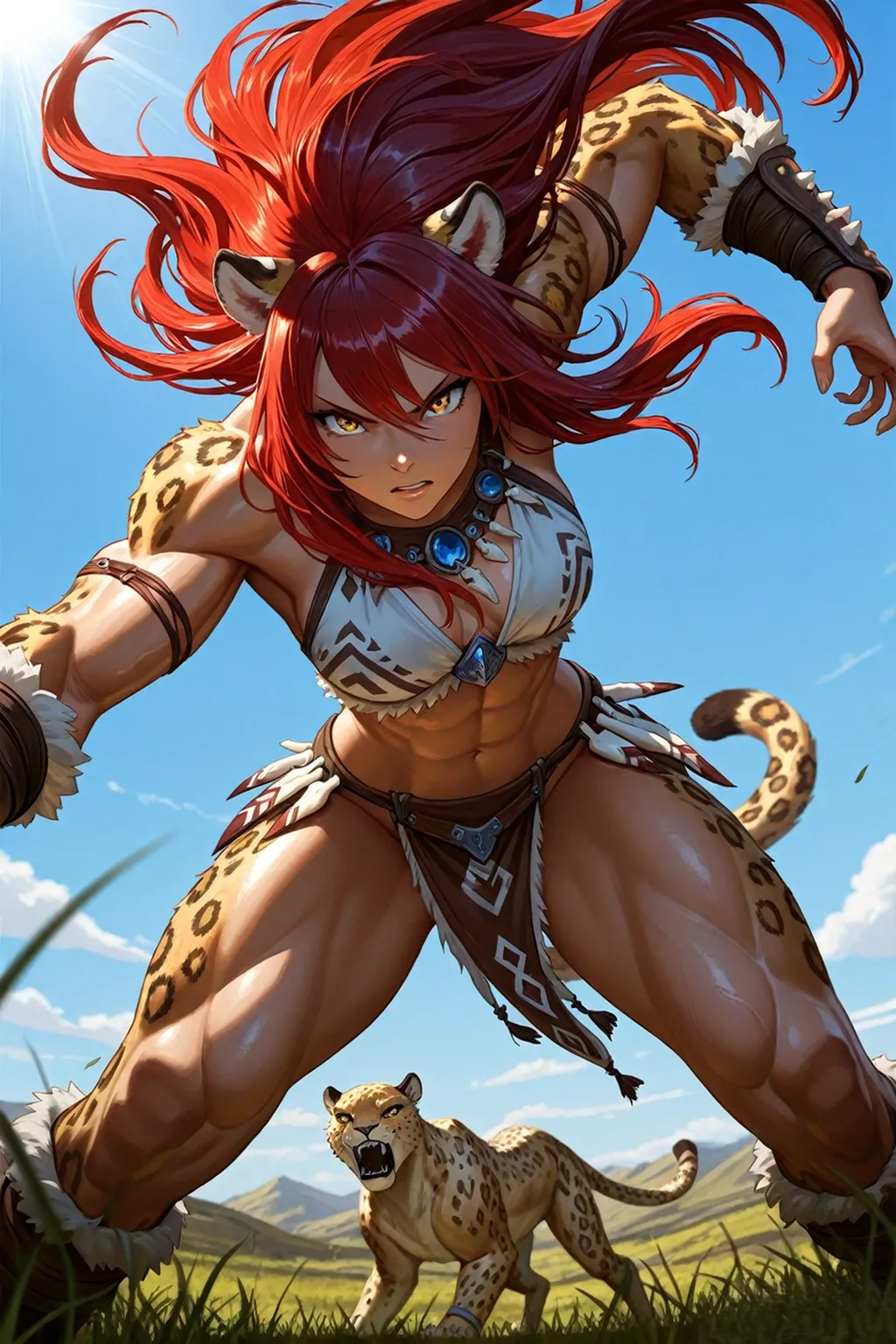 Masterpiece, Professional, High Definition - quality, sharp focus, perfect artwork, Best Illustration, trending on artstation, UHD, 4k, full body, NSFW "dark skin, African woman, frecless on face, curvy - fit, huge breast, blue eyes, red hair, purple lips, abs, tiny red thong, riding a Saber-Tooth Tiger