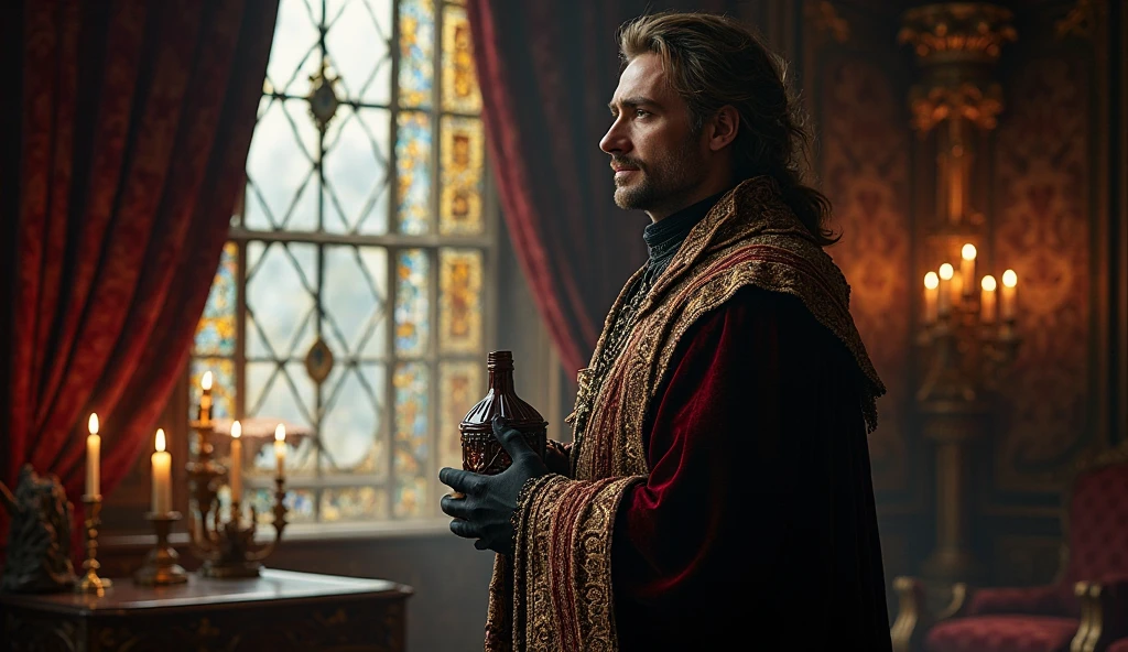 movie scenes, (full-body close-up), an ancient vampire butler, handsome, blonde, dressed in a medieval black dress and holding a ornate silver tray with a bottle of crimson blood and a pair of delicate wine glasses, corridors, walking, mysterious, ancient, intricate detail, highly detailed, volumetric lighting, 4k rendering, stock photo, ultra-realistic, realistic textures, dramatic lighting, depth of field, film