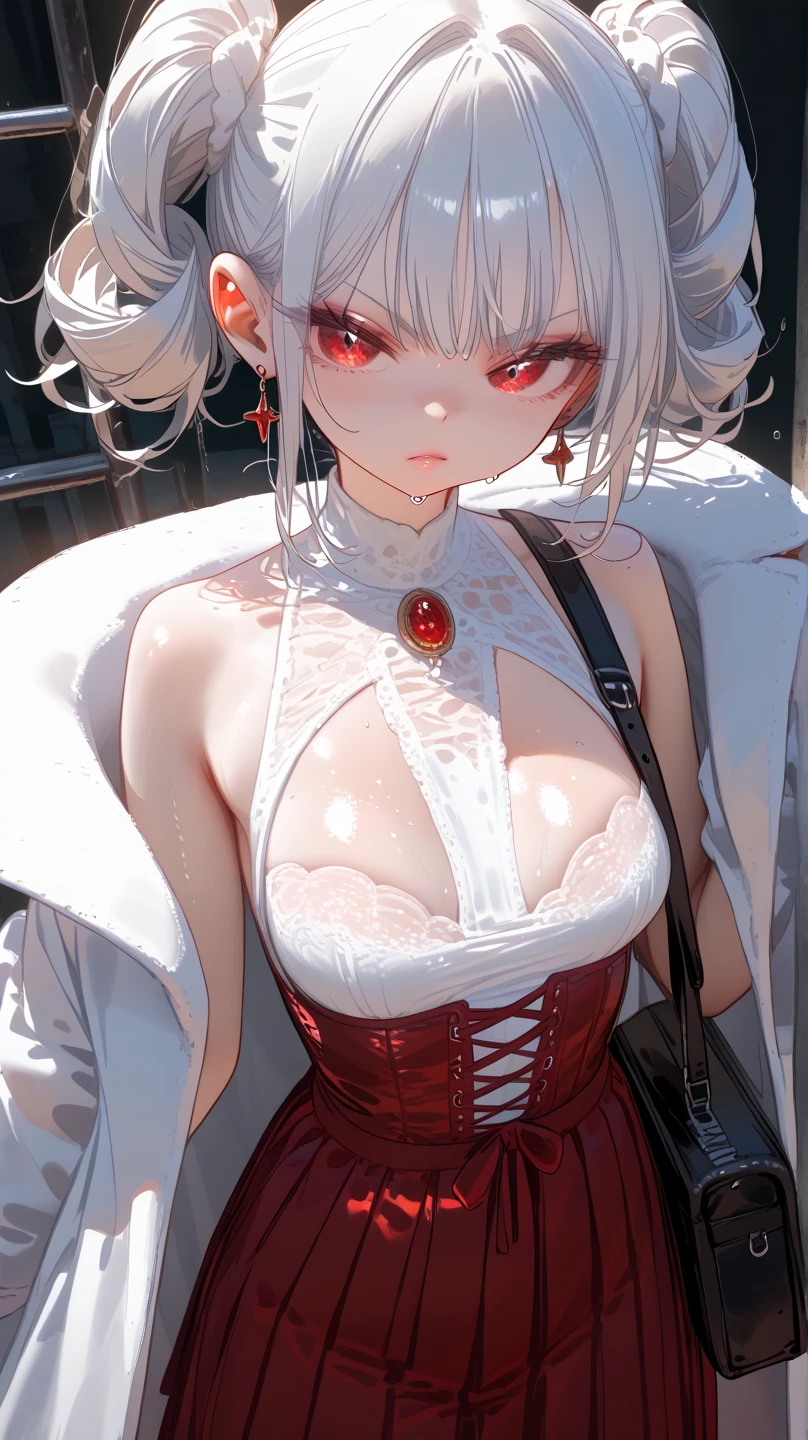 (best quality,high resolution:1.2), Super detailed, actual:1.37, A mature and beautiful lady wearing a black robe，sweat，red face, lace lingerie, show an indifferent expression, close up of her breasts, white hair, red eyes, and exposed her underwear, The focus is on her plump breasts，Accentuate Chest，chest focus, Mature and sexy，spades tattoo.