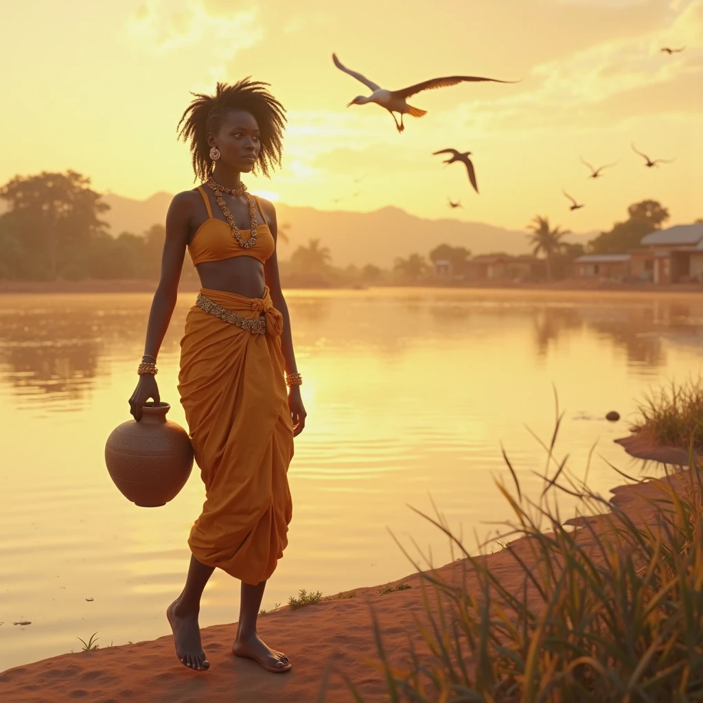 In the heart of an African village, a low angle shot captures the enchanting scene through a water-covered lens. The village, adorned with African-designed igloos, awakens to the breaks of dawn, with the first rays of sun casting cinematic iridescent light. By the water's edge, a majestic crested crane spreads its magnificent wings, invoking a sense of tranquility and rebirth.

Beside the crane stands a beautiful, curvy African woman dressed elegantly in an African-designed mini skirt and a scarf that covers her neck, reaching down to her waist. Her body is adorned with intricate African