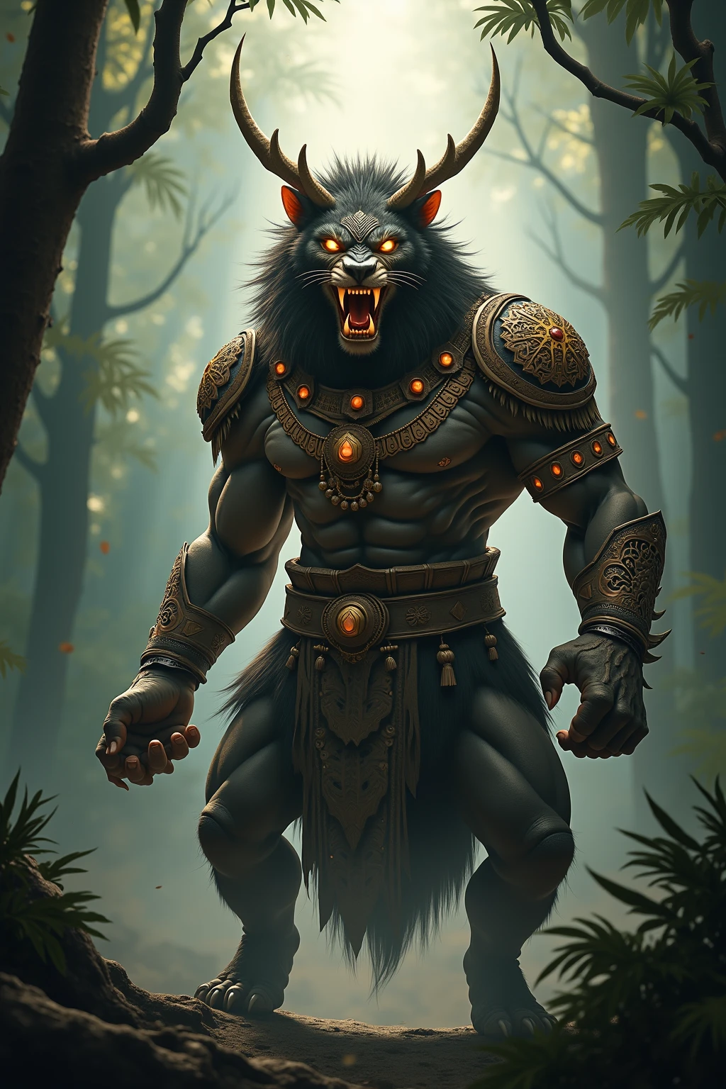 wild boar face creature, sorcerers style, middle earth style, energy steam on hand, dark night, jungle, stone henge, creepy, full body, fantasy