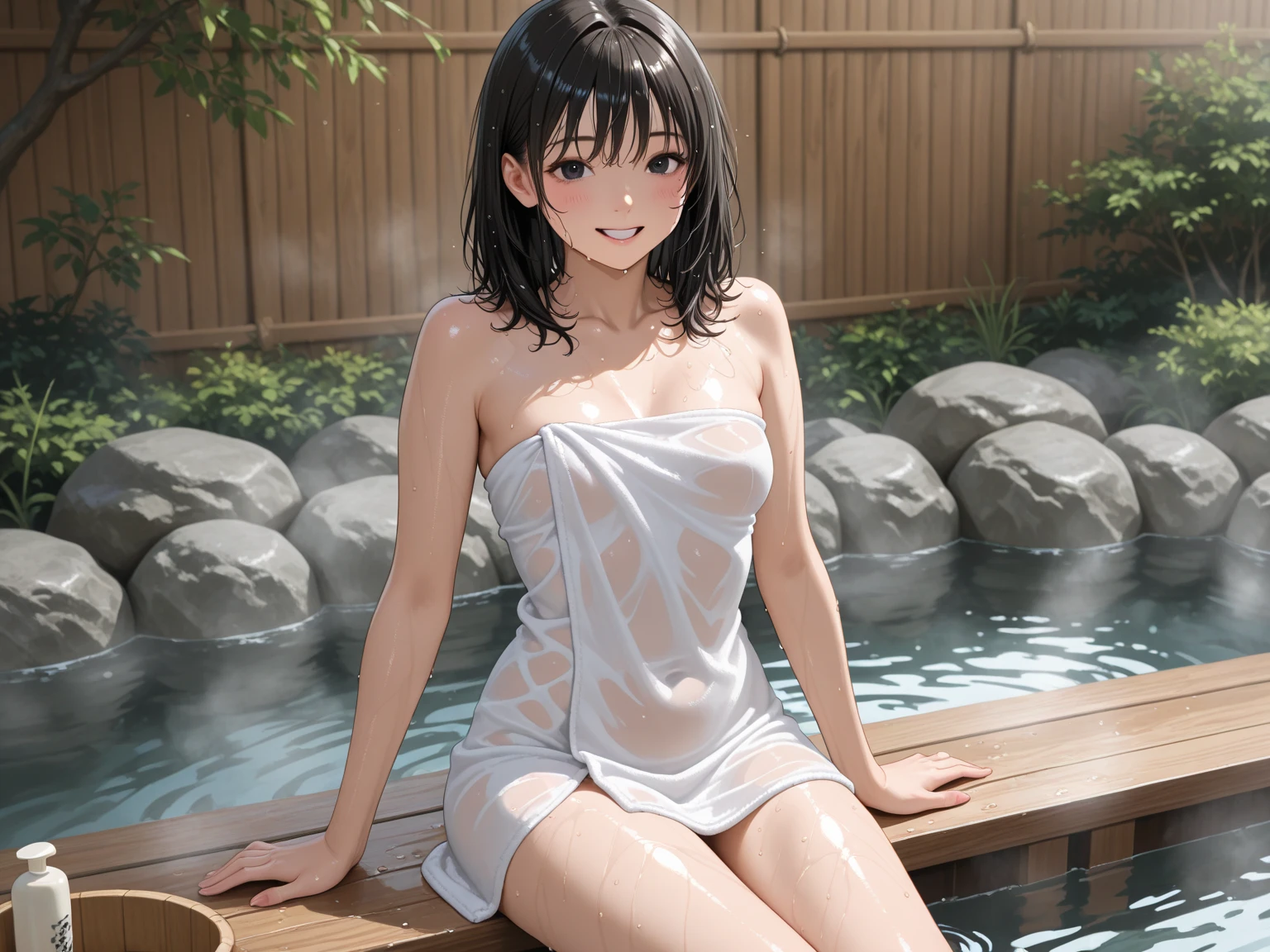 (masterpiece、top-quality、hight resolution、8k wallpaper、photos realistic、real looking skin:1.1)、1 Japan Girl、独奏、full bodyesbian、(very small breasts:1.5)、(Naked towel:1.5)、Wet towel、Sheer towel、Beautiful eyes、Shining eyes、embarrassed from、Sweaty、sodden、is standing、(arms behind back:1.5)、Onsen at night、single hair bun、(nsfw:1.1)
