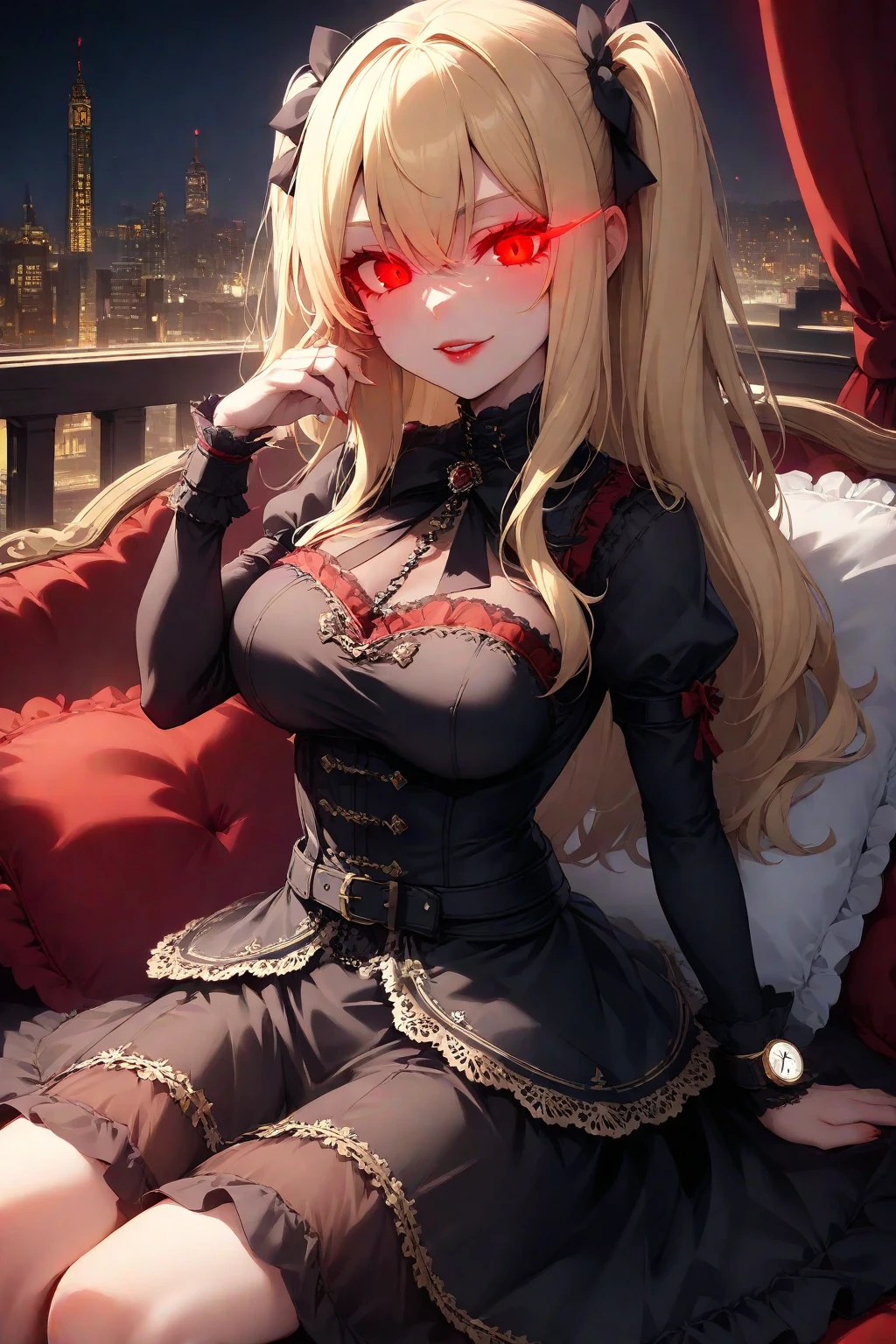Himiko toga,\(my hero academia\),my hero academia,perfect picture,perfect eyes dehimiko toga\(my hero academia\),(Full Body Picture),my hero academia,perfect picture,perfect eyes,Short blonde hair with two messy buns in her hair and yellow eyes with cat pupils,(Standing with Straight Standing Looking at the Fourth Wall),(wearing),+,(a sensual Christmas dress for a voluptuous anime waifu. Get inspired by Santa Claus's outfit in the reference image. Style the dress as a short, form-fitting red velvet number with a Santa Claus dress design—think fluffy white trim, cute Santa hats, and jingle bells. The dress should have a low neckline to reveal the waifu's ample cleavage. Maybe add some ruffle or gathered details to accentuate your curves. Give the waifu big dreamy eyes, full lips and a playful pout as she relaxes seductively on a large, luxurious bed. Style your dark hair into loose, romantic curls. Dim, warm lighting with touches of gold and red should bathe the scene. Focus attention on the waifu's most attractive features with strategic highlights and shadows. Capture the dress in a tantalizing peek-a-boo pose, hinting at what might lie beneath. Maybe arrange the dress so it falls off one shoulder or slides off one hip. Incorporate some festive holly or mistletoe elements into the design to match the Christmas theme. Overall, aim for an intimate, sensual, and inviting atmosphere that makes the viewer feel like they're getting a naughty gift.)