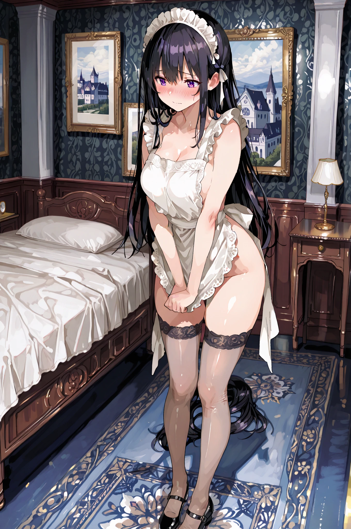 nsfw, 1 girl, long black hair, loose hair, black cat ears, maid, wearing white gloves, white stockings, black maid outfit, big tits, visible tits, exposed tits, visible nipples, exposed nipples, showing butt, visible butt, exposed butt, serious expression, watery eyes, yellow heterochromia, blue heterochromia, mismatched eyes, from behind, showing butt to viewer, pose on all fours, focus on butt, legs apart, legs spread, steep standing , visible pussy, exposed pussy, visible anus, exposed anus, face down, room.