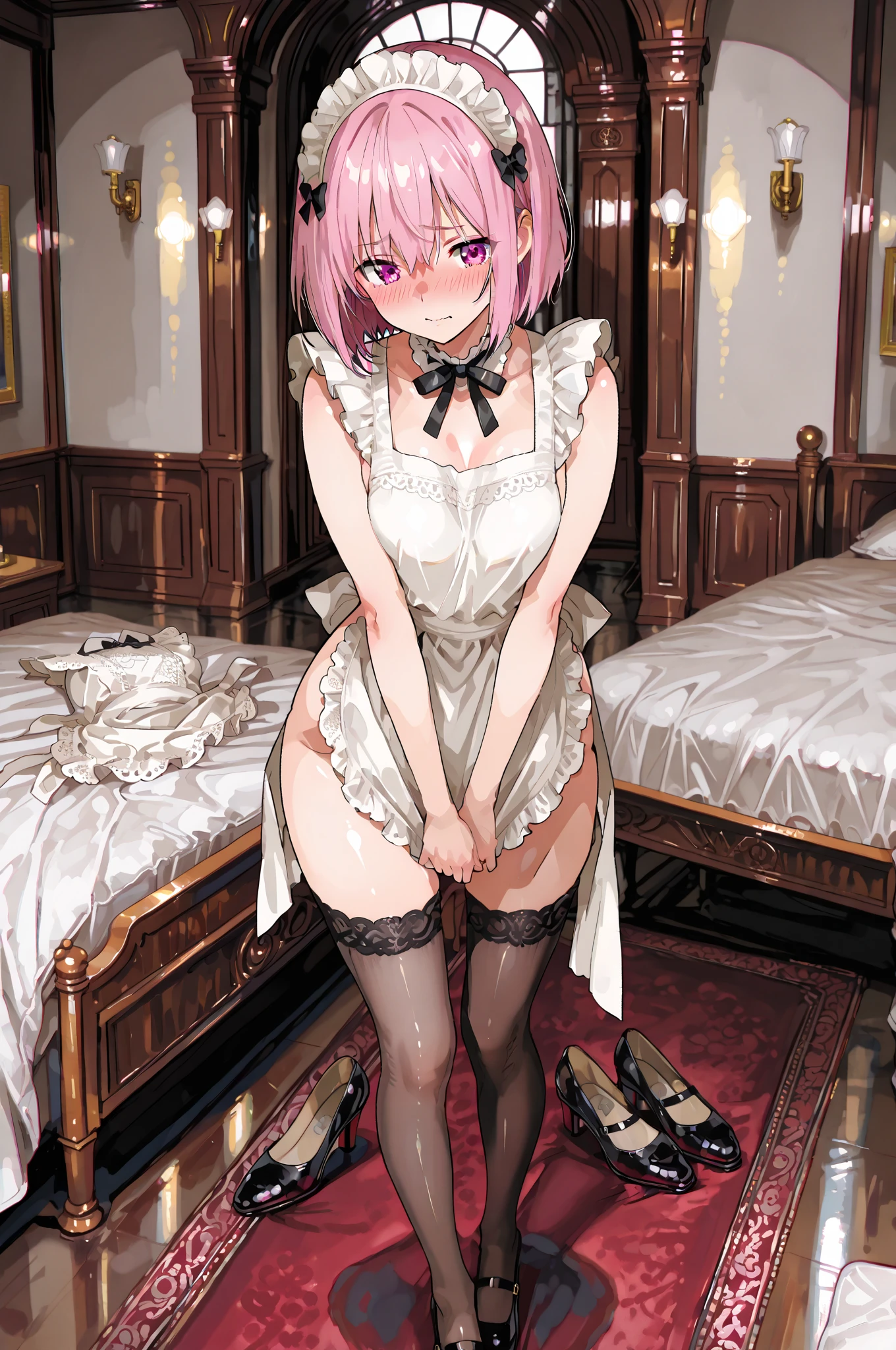 ((masterpiece)), ((best quality:1.2)), ((highly detailed)), (original), ((delicate background)), ((extremely detailed 8K wallpaper)), sweet, depth of field, fantasy, 
BREAK 
((1girl)), ((solo)), cute girl, anime waifu girl, 20 years old, shiny skin, 
BREAK 
maid, ((classic maid dress)), ((wearing edgcatlingerie)), cat cutout, cleavage cutout, lots of frills, ((huge breasts)), 
BREAK 
curly hair, faint pink hair, short hair, 
BREAK 
((heart-shaped eyes)), pink eyes, tongue out, blush, sweating, 
BREAK 
full body shot, ((on the bed)), 