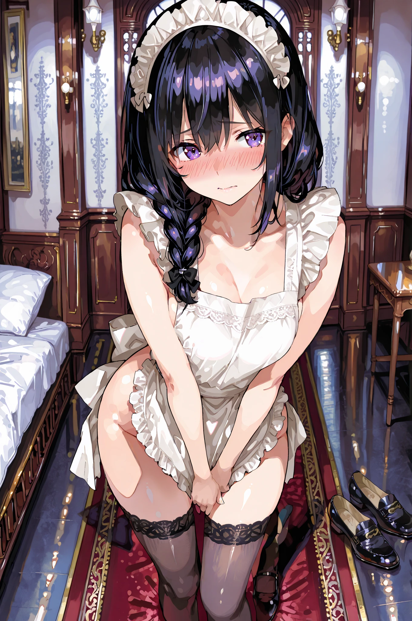 masterpiece,1girl,solo,black hair,white dress,cleavage, white thighhighs, lake,<lora:yetsanRuskirt-000008:1>,(all fours:1.3),
