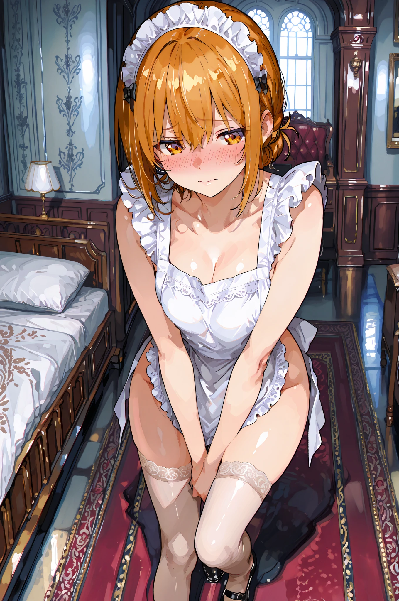 (masterpiece, highest quality), 1 girl, (ALGL:1), (ALGLZion, Zion:1), (Zion hair:1), (Zion eyes:1), chest, medium chest, large chest, underboob, All limbs, full finger, Looking at the audience, Cowboy Shot, Maid clothes,Skirt flip, Darter Dress, Black Knee High, Crop top, Black clothes, One girl,Embarrassing, panty shot , white panties, clothed, cameltoe , bed, on back, lying