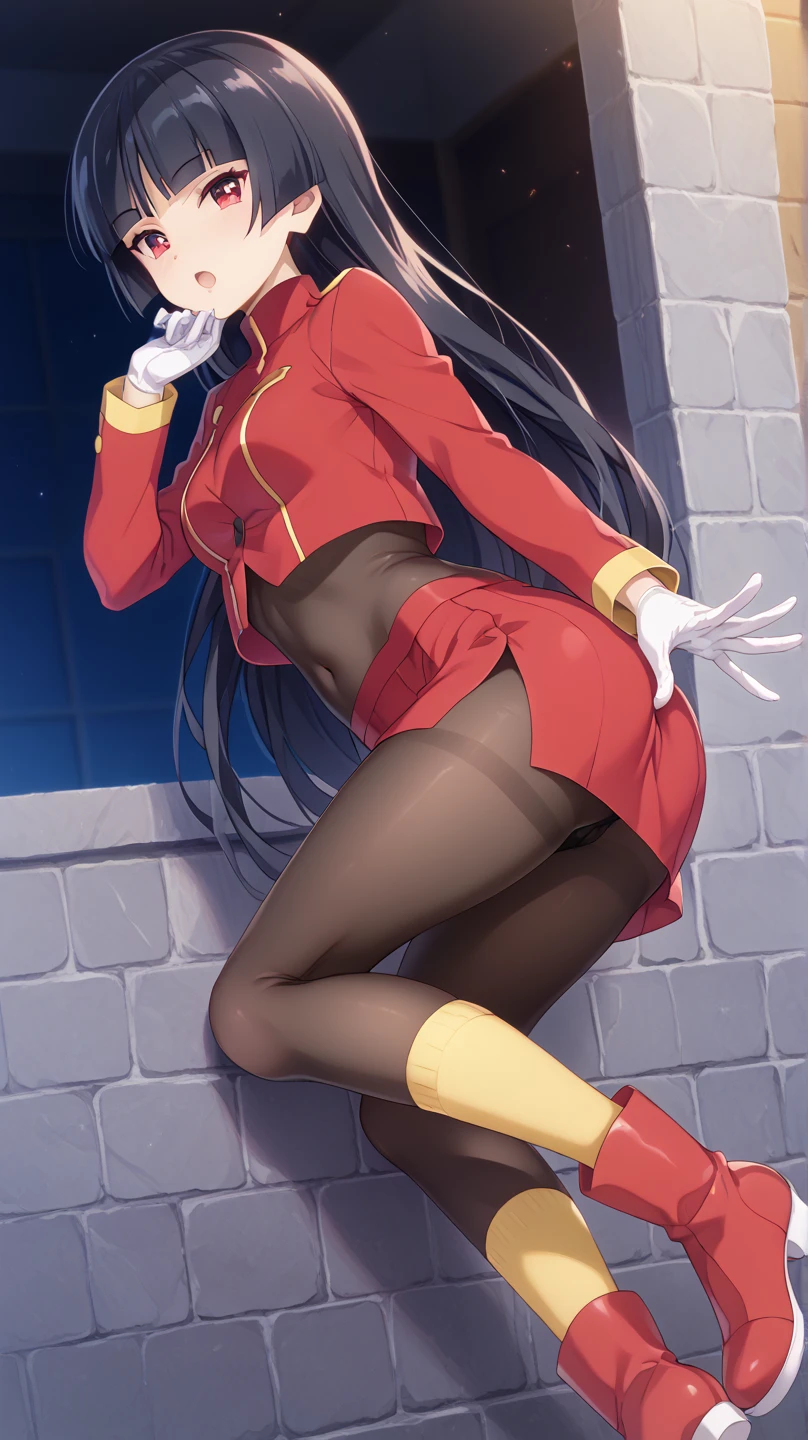 (masterpiece:1.37), best quality, (extremely detailed:1.37), (1girl:1.5), woman, (mature:1.5), (adult:1.5), pokemonsabrina, black hair, long hair, bangs, blunt bangs, red eyes, hime cut, sidelocks, white pupils, jacket, crop top, bodysuit, covered navel, midriff, red jacket, turtleneck, side slit, gloves, white gloves, long sleeves, pantyhose, skirt, red skirt, boots, red boots, socks, yellow socks, knee socks, (extremely detailed eyes:1.37), (wetting self:2.0), desperation, standing, embarrassed, humiliation, blushing, angry, cherry blossoms, garden, (golden hour:1.5), full body