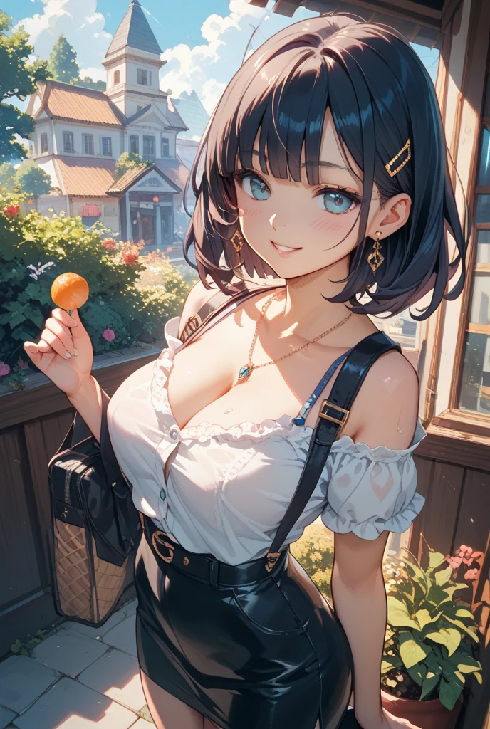 mash kyrielight, White hair, short hair, red eyes, girl, woman, female, little, child, 10 years old, medium hair, curly hair, bangs, eyes visible through hair, side braid, white and black hair, multicolored hair, red  inner color, beautiful detailed Glass hair, delicate beautiful face, red pupils, fangs, small_breasts, pale blue eyes, white skin, choker, gloves, nice hands, perfect hands, camisole, holding fruit, lemon, grapefruit, parted lips, blush, skirt, earring, holding food, bang, in fruit market, more_details:-1, more_details:0, more_details:0.5, more_details:1, more_details:1.5