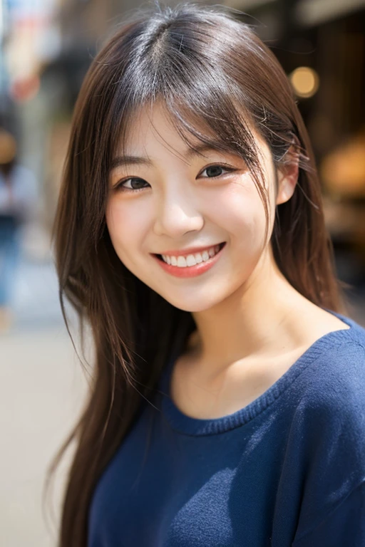 masterpiece,best quality,(Japanese ),((Beautiful girl)),cleavage,(perfect body beauty:1.2),(shy smile),beautiful teeth,(Blurred background of brick buildings),