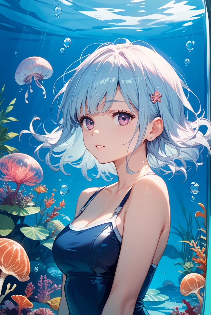 masterpiece, best quality, 1girl, white hair, green eyes, medium hair, jellyfish, fish, underwater, bikini,<lora:GPTS4 dreamwave full_478773:0.3>, <lora:GoodHands-beta2:1>