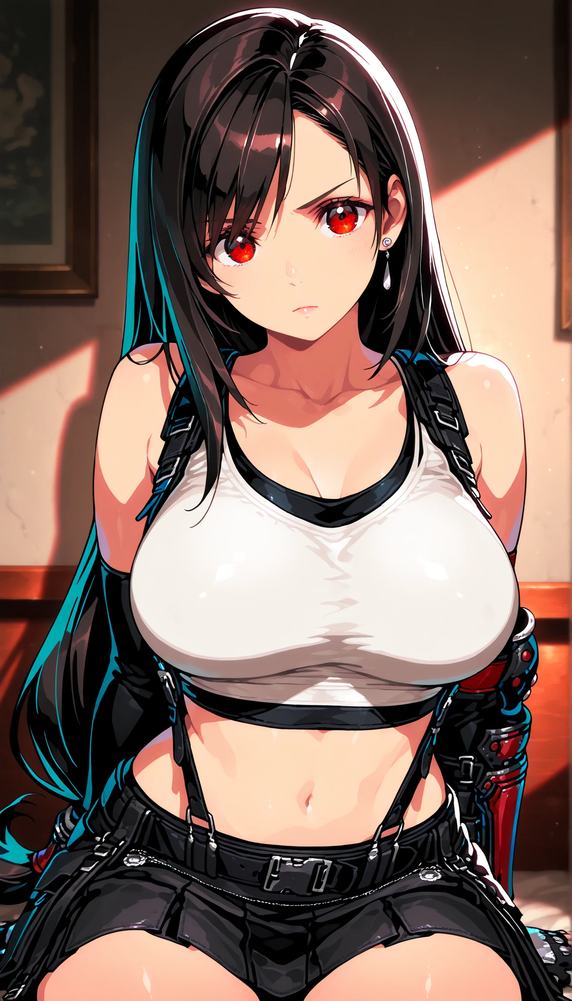 TifaOG, white tank top, black miniskirt, 1girl, solo, light smile, red eyes, showing ass, half naked.(((Half naked)))red background.