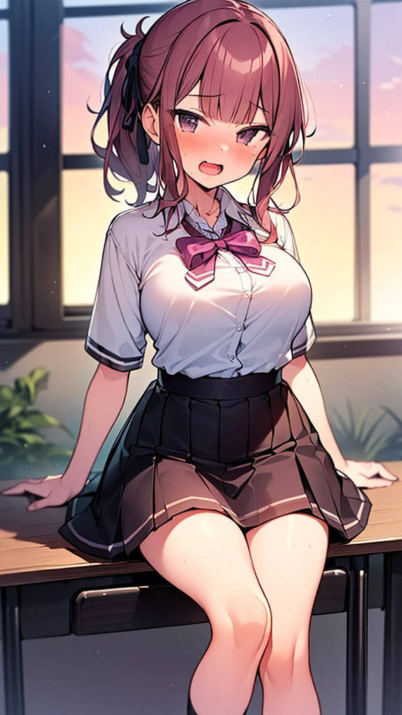 ((masutepiece, Best Quality, hight resolution, nffsw, Perfect Pixel, 4K, nffsw, nffsw))), 1girl in, Single, Solo, Beautie、full body seen、 ((Middle Wave Hair, Bangs, Purple hair)), ((verd s eyes, Beautiful eyelashes, Realistic eyes)), ((Detailed face, Blushing:1.2)), ((Smooth texture:0.75, Realistic texture:0.65, Photorealistic:1.1, Anime CG style)), huge-breasted,big butts、thick thighs、 Dynamic Angle, Perfect body, ((red bowtie, School uniform, , White shirt, Black skirt, plaid skirts)), On the train、Angle from below、A man grabs my ass、((very embarrassing panic、Wavy mouth、Sweat、:o))、(the wind blew my skirt, Exposed out your butt......................、light blue pantie)、Squatting