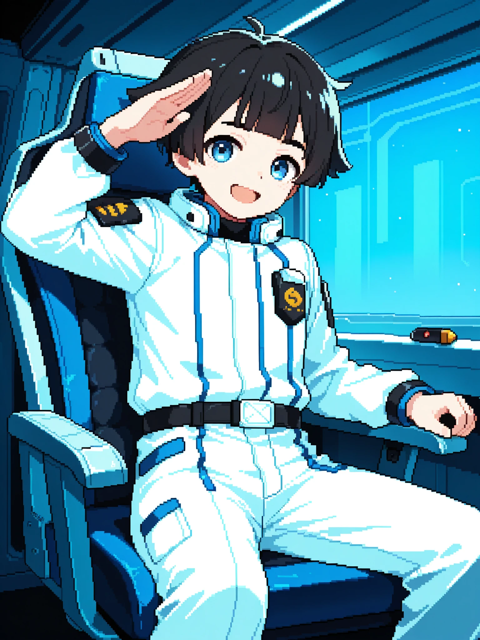 score_9, score_8_up, score_7_up, source_anime, 1boy, solo, pixel art, aviator, young boy BREAK 

Black hair, short hair, hair flaps, blunt bangs, blue eyes BREAK 

Space suit, white suit BREAK 

Sitting, salute, looking at viewer, smile, proud face, open mouth, 

Space, glass_window, spacecraft_interior, metallic_indoor, control chair, control stick, pilot 