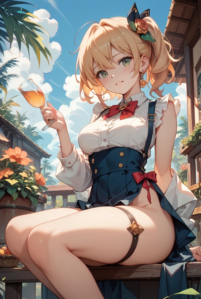 1girl,solo,antennae,black hairband,blonde hair,smile,red eyes,open mouth,large breasts,cleavage,butterfly girl,butterfly wingsinsect wingsmonster girl,cloud,crazy straw,day,dress,drinking straw,flower,grass,hair between eyes,hair flower,hair ornament,hairband,high heel boots,high heels,light blush,long sleeves,looking at viewer,outdoors,short hair,sitting,thigh boots,blue sky,