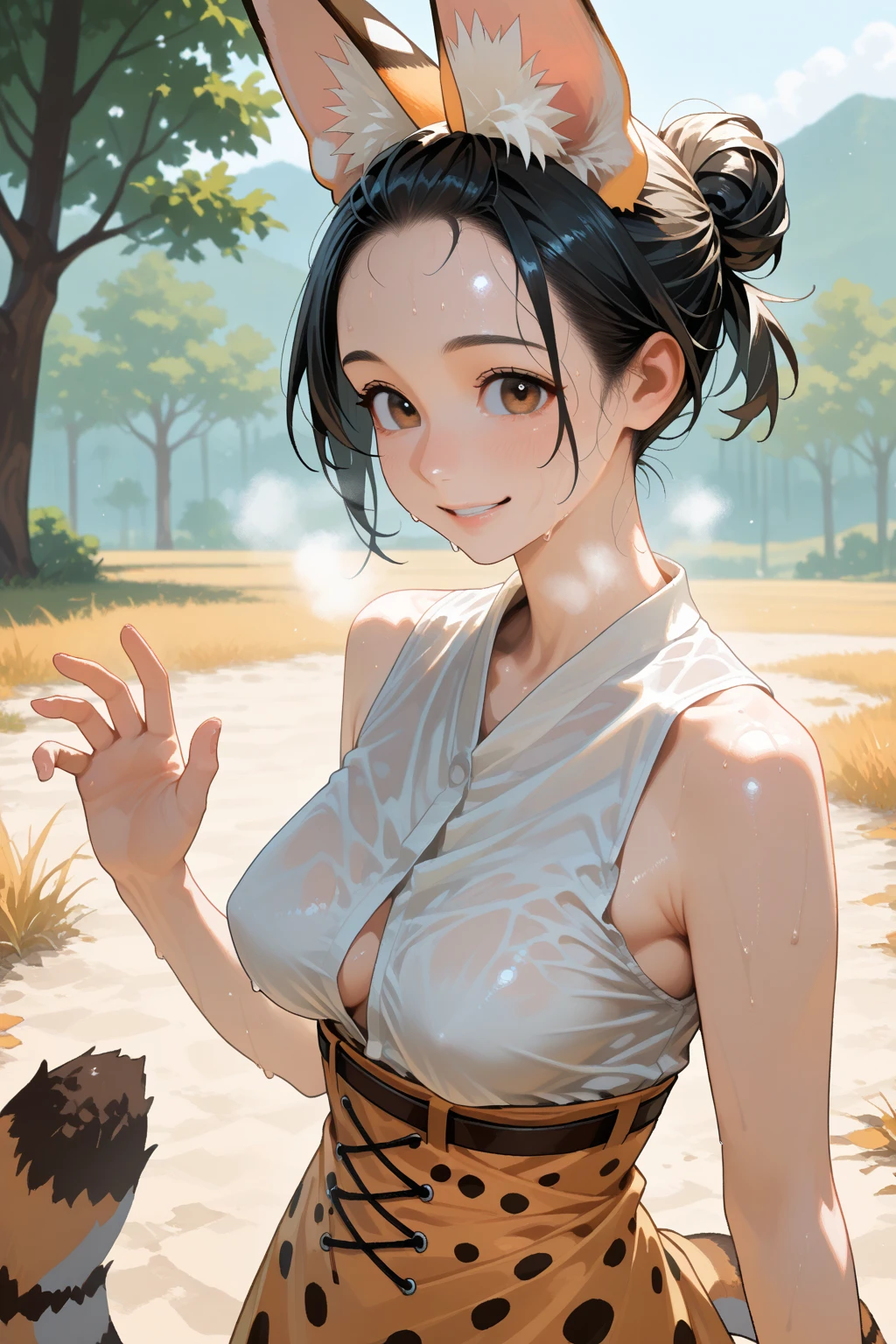 attractive korean woman, ripped muscle, muscular body, small breast, pale skin, smile(blush), nude, thin necklace, sixpack abs, [ultra detailed skin:1.2], brown hair, messy hair, 8k uhd, pussy, full body, crowd, public, forest, waterfall, standing,