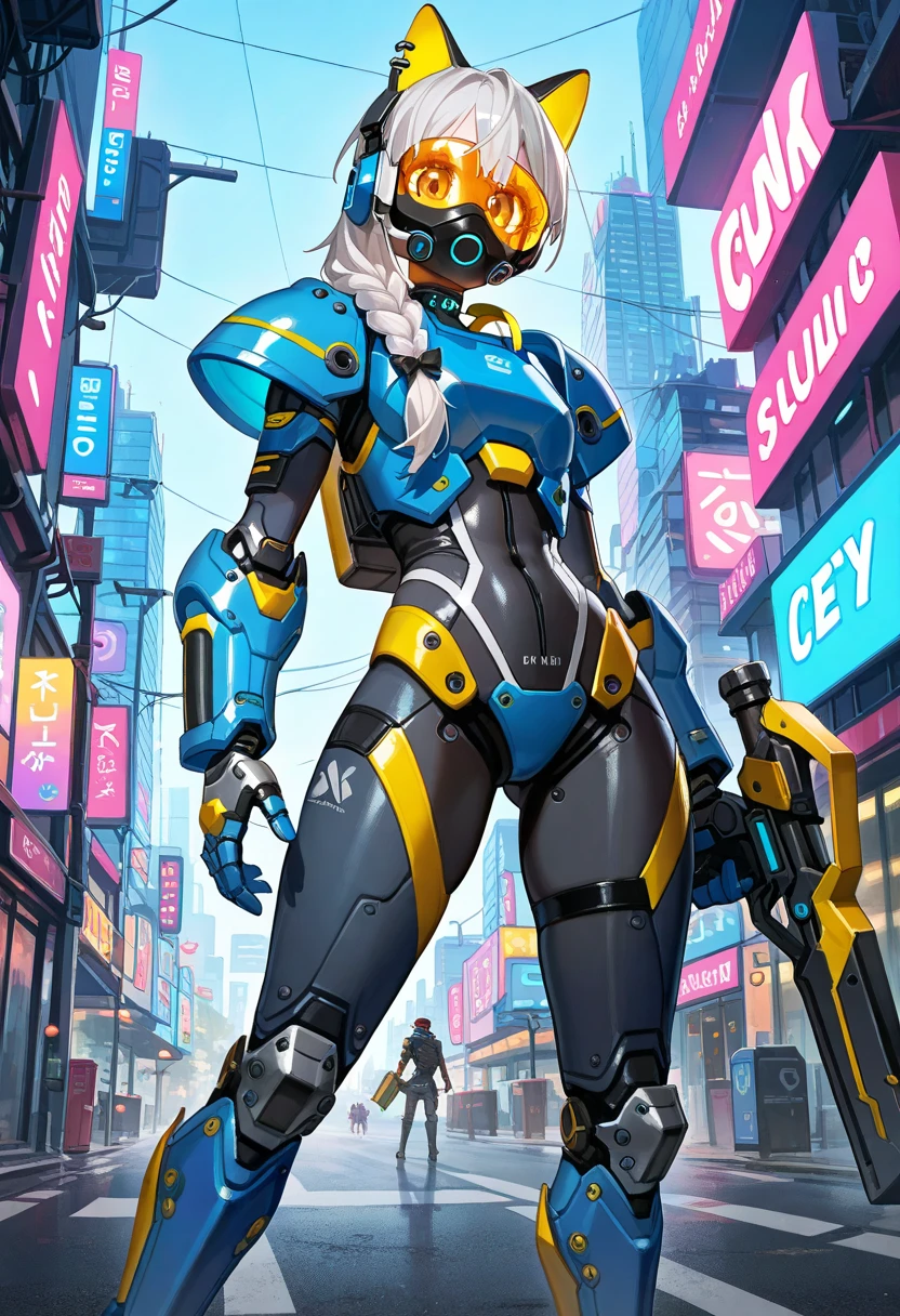 work of art, best qualityer, ultra detali, illustration, epic lighting, film composition, 1 girl, cute, red sclera,red pupils, cyborg, tatoo, hair green, colored fur, breasts small, Black jacke, legs apart hands with black gloves with yellow details, seducing gaze, seductively pose, trunk:1.1, gazing at viewer, pretentious smile, cloused mouth, plein-air, citys, cyber punk, neon lights, Street, (natta, tenebrosa, tenebrosaness, tenebrosa como breu, eyeshadows:1.4), (8K:1.1),  