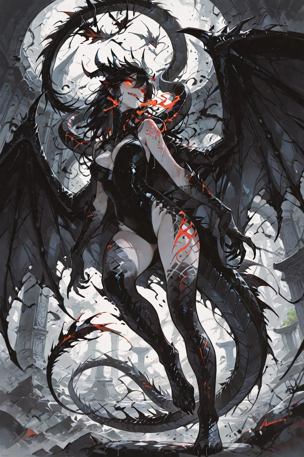 transparent,tattoo,Moments of accidental exposure, painting, (best quality:1.5 ), (ultra detailed:1.1 ), watercolor, A dark fantasy style artwork reminiscent of Berserk set in the Dragon God's Temple features a menacing and  female figure in a dynamic pose embodying the personification of an abyssal black dragon, She possesses powerful ominous black dragon wings and her intricately detailed scales are a lustrous jet black, Her hands are transforming into a dragon's showing sharp long claws conveying a sense of dynamic motion and intense impact, A tail is also visible, Her face displays strong human features with vibrant markings etched upon it enhancing her dragon god transformation, She wears elaborate bone and fang jewelry, Swirling black shadows envelop her with transparent imposing dragon thought forms emanating from her