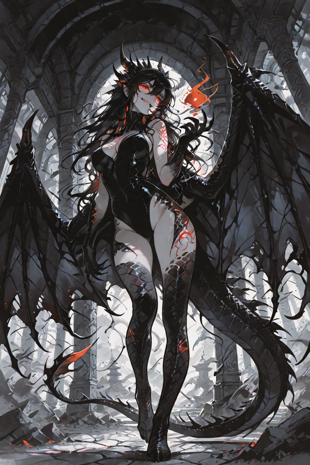 transparent,tattoo,Moments of accidental exposure, painting, (best quality:1.5 ), (ultra detailed:1.1 ), watercolor, A dark fantasy style artwork reminiscent of Berserk set in the Dragon God's Temple features a menacing and  female figure in a dynamic pose embodying the personification of an abyssal black dragon, She possesses powerful ominous black dragon wings and her intricately detailed scales are a lustrous jet black, Her hands are transforming into a dragon's showing sharp long claws conveying a sense of dynamic motion and intense impact, A tail is also visible, Her face displays strong human features with vibrant markings etched upon it enhancing her dragon god transformation, She wears elaborate bone and fang jewelry, Swirling black shadows envelop her with transparent imposing dragon thought forms emanating from her