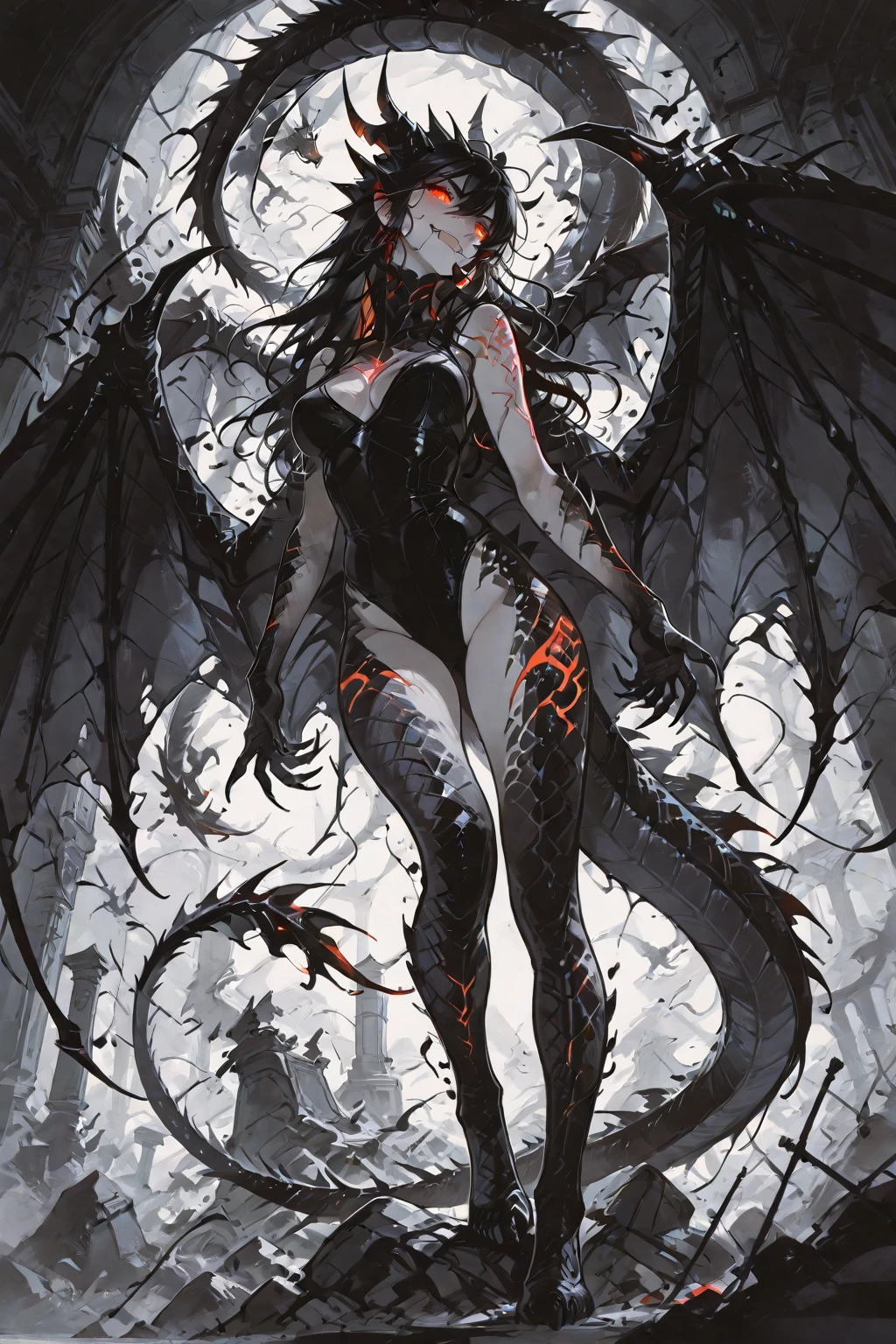 transparent,tattoo,Moments of accidental exposure, painting, (best quality:1.5 ), (ultra detailed:1.1 ), watercolor, A dark fantasy style artwork reminiscent of Berserk set in the Dragon God's Temple features a menacing and  female figure in a dynamic pose embodying the personification of an abyssal black dragon, She possesses powerful ominous black dragon wings and her intricately detailed scales are a lustrous jet black, Her hands are transforming into a dragon's showing sharp long claws conveying a sense of dynamic motion and intense impact, A tail is also visible, Her face displays strong human features with vibrant markings etched upon it enhancing her dragon god transformation, She wears elaborate bone and fang jewelry, Swirling black shadows envelop her with transparent imposing dragon thought forms emanating from her