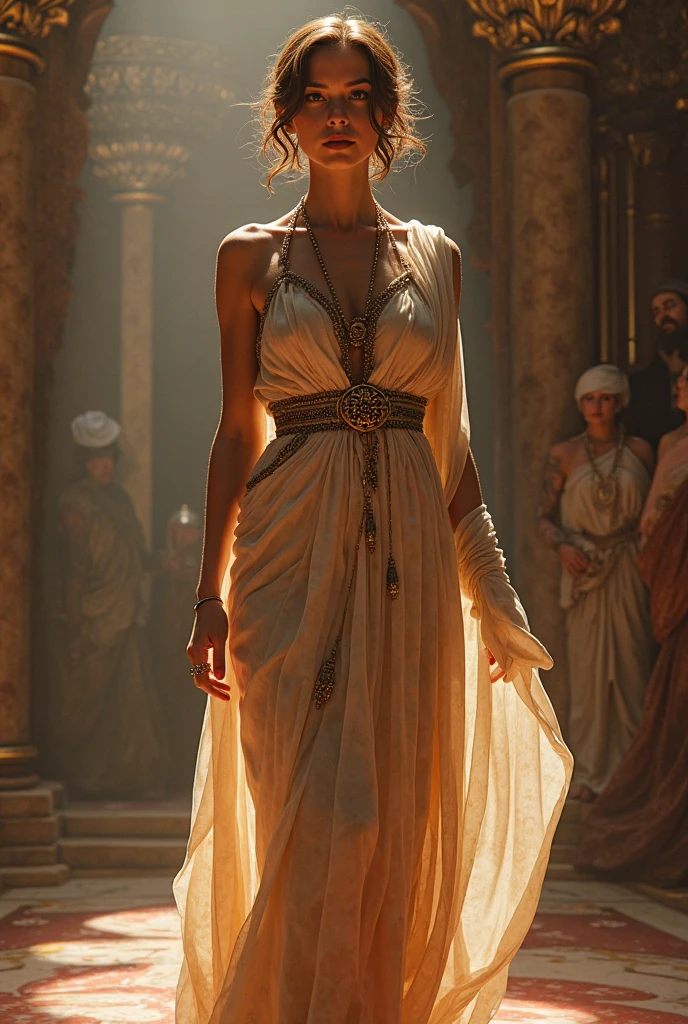 Detailed face features:1.3), (((mature woman))), standing wearing a flowing long dress, (face close-up photo, 16k, masterpiece, best quality: 1.2), (high detailed skin), (red short curly hair), ((brown eyes, freckles, detailed lips)), slim, automatic white balance, (ultra realism, hyper detailed and intricate realism: 1.3), (wide depth of field, radiant mapping: 1.2), High dynamic range, vivid, rich details, clear shadows and highlights, realistic, intense, enhanced contrast, Focus on the character, chaotic epic background, blur background,
