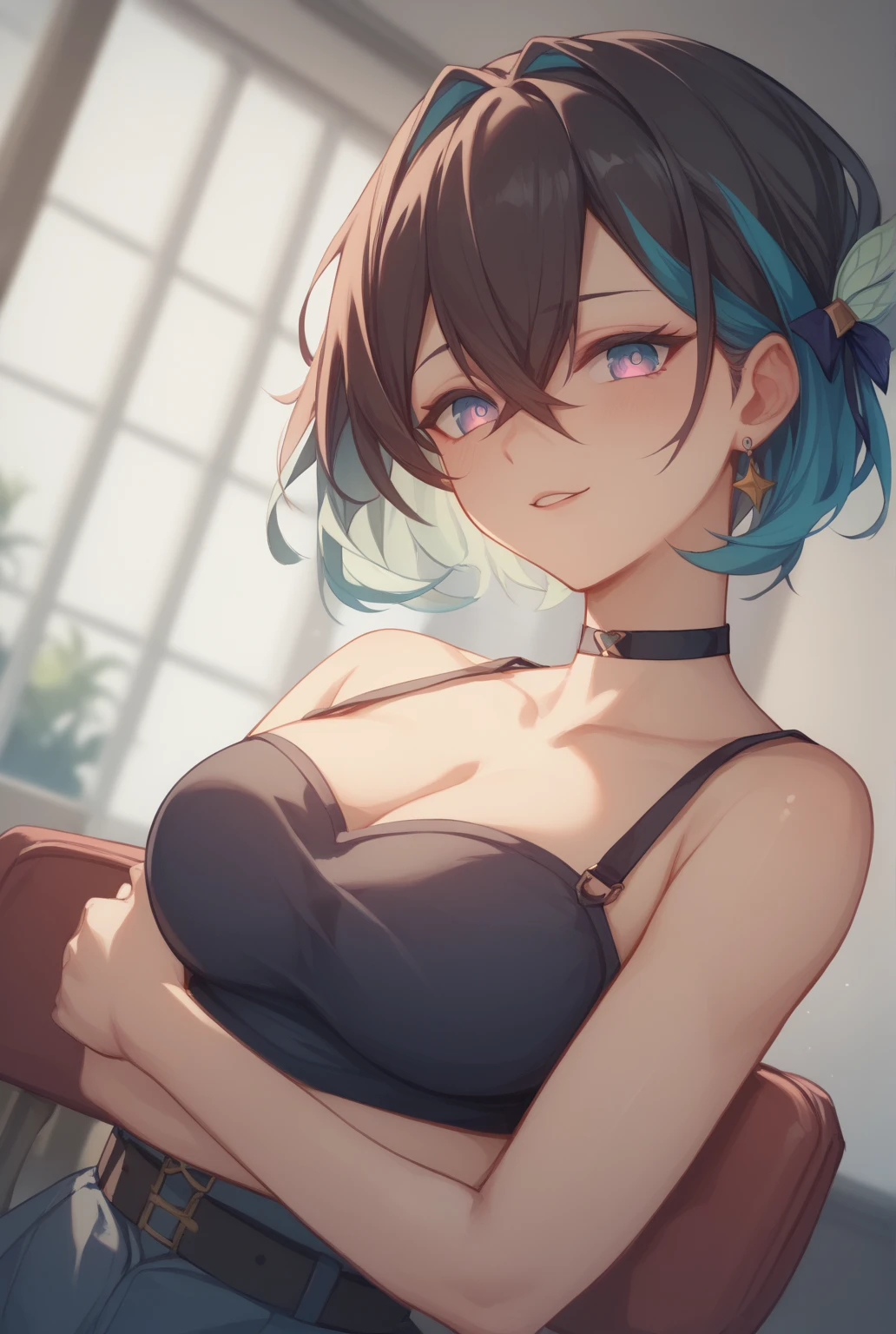 (Highest quality:1.2, High Detail, masterpiece:1.2, Best aesthetics), (1 girl), Beautiful woman, Beautiful detailed eyes, Beautiful detailed lips, Highly detailed face, Delicate depiction of hair and eyes, Detailed Fashion, ((Portraiture, Cowboy Shot)), Aqua Eye, huge ahoge, Mouth open, Earrings, View your viewers, Detailed background, attractive breasts, huge breasts, upper body, full body from knees to head, in the room, gaze away, high exposure, gaze into the distance, smile lightly, bared navel, lots of exposure, Emphasize cleavage, fancy sheer bra and pantie, naked arms and legs, fancy nails, sheer lingerie, sheer red bra, T-back, black hair, bracelet, medium hair, light green color inner hair, micro bikini