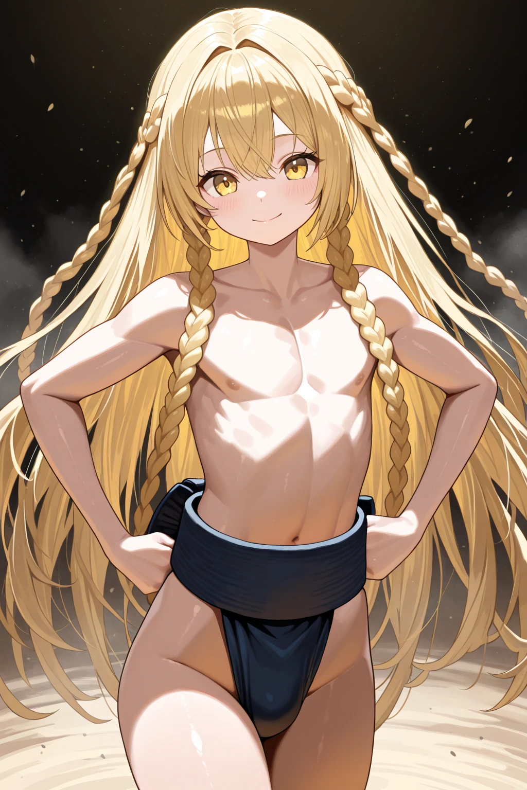Bestquality,masterpiece,highly detailed,sumo ,lean,Mawashi,shirtless,blonde hair,crown braid,multiple braids,yellow eyes,Mawashi,((male)),boy,smile,little tall,stomach 