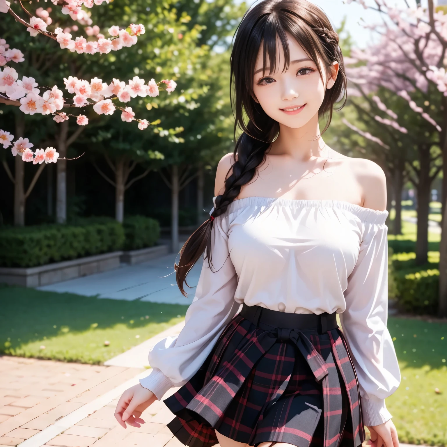 (masterpiece,best quality: 1.4),(8k,raw photo,photo realistic:1.2),shiny skin, detailed skin,detailed face,detailed eyes,Japanese idol,beautiful face,cherry blossom trees, under cherry blossom trees, one beautiful woman, beautiful Japanese woman, well-developed face, model figure, (long hair: 1.2), (off-the-shoulder shirt, plaid mini skirt, black knee-high socks: 1.3), (happy smile: 1.2), (standing),(wind is blowing her hair and skirt:1.4),お母さん,母さん,お母ちゃん,母ちゃん,母親,母,ママ,mother,mothers,mother's,mom,moms,mom's,mum,mums,mum's,三つ編み,三つ編,braid,braids